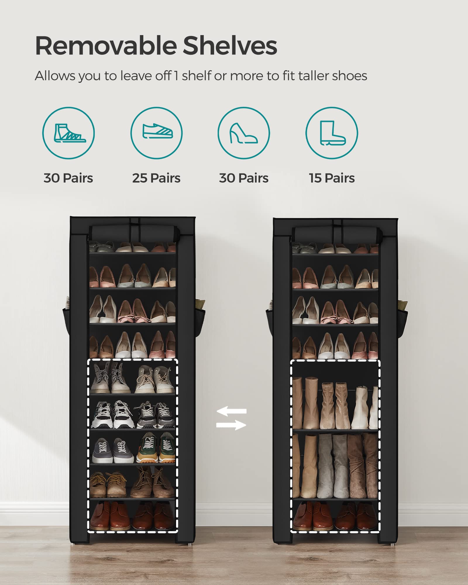 SONGMICS 9-Tier Shoe Rack Organizer with Nonwoven Fabric Cover - Holds 27-35 Pairs of Shoes - Space Saving Entryway Storage for Sneakers, High Heels, Flats & Boots - Perfect for Closet, Bedroom, Hallway Organization - Black URXJ10H