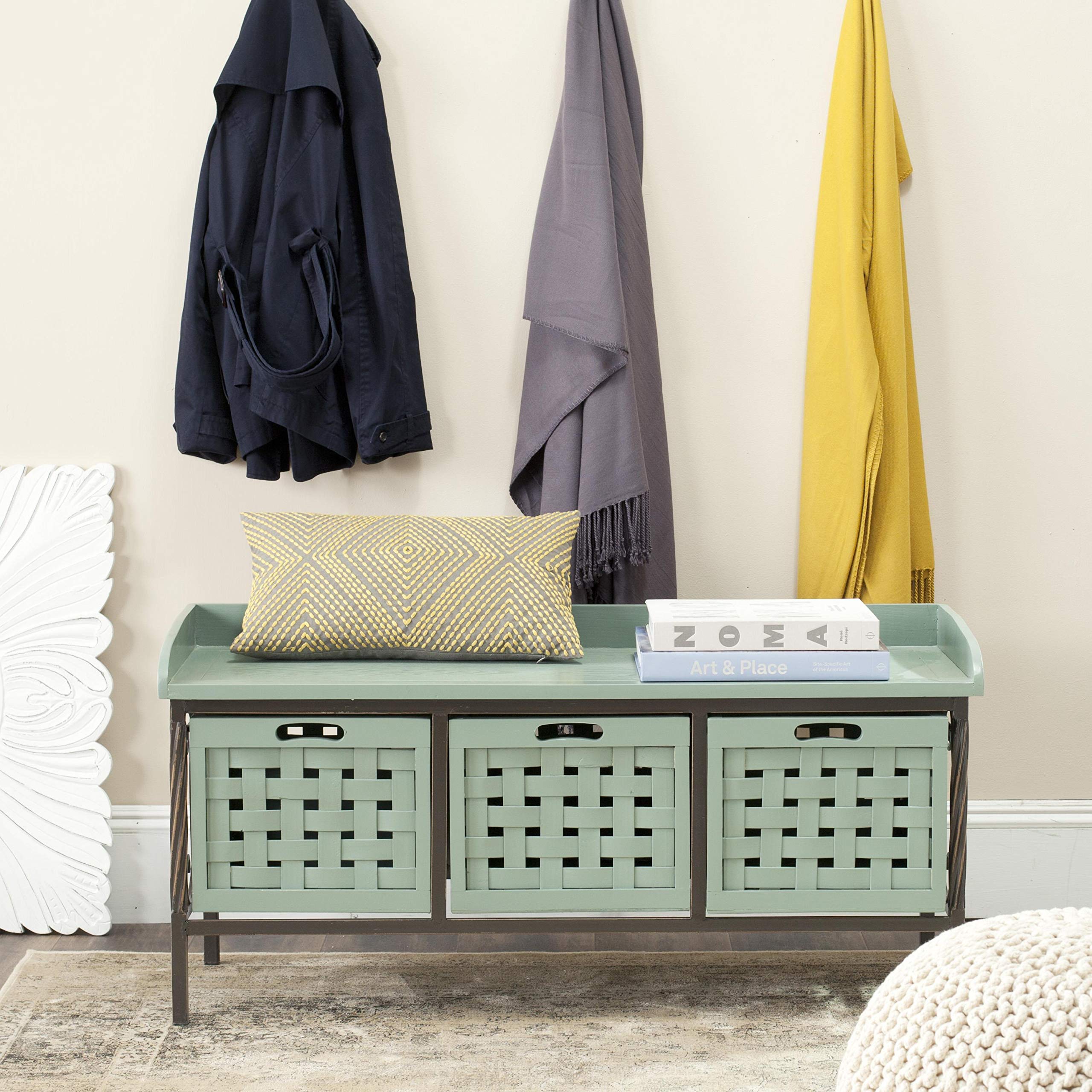 SAFAVIEH American Homes Collection Isaac Filbert Brown Wooden Storage Bench - Entryway Seating & Shoe Storage for Living Room, Bedroom, or Hallway