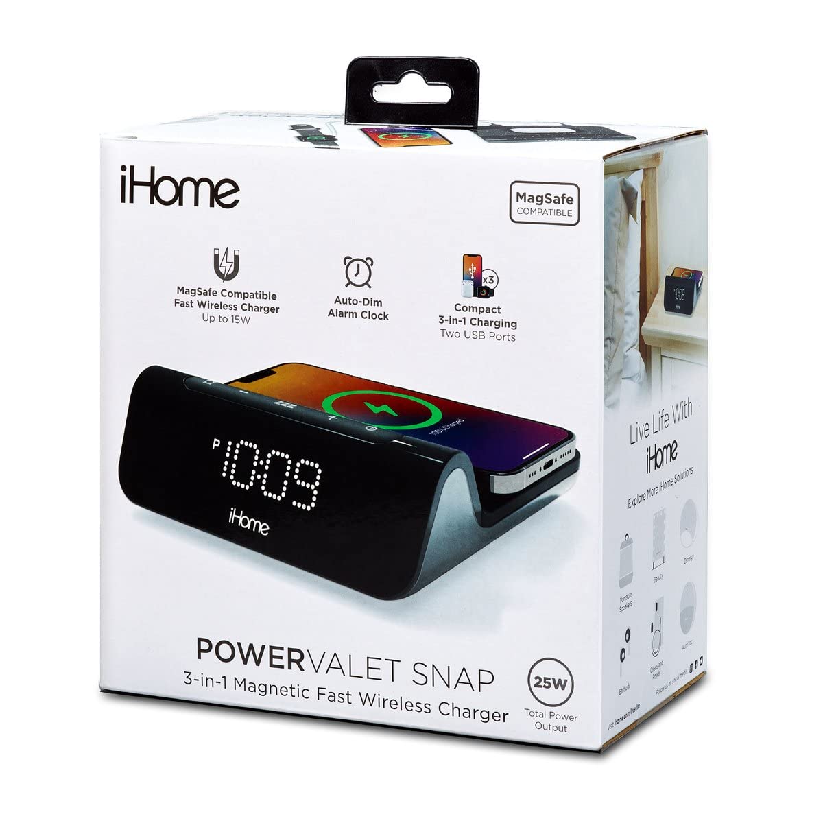 iHome 3-in-1 Magnetic Fast Wireless Charging Alarm Clock for iPhone 12/13/14/15 Pro/Max - 25W Magsafe Charger Stand with USB-C & USB-A Ports - Perfect for Bedroom, Office, and Nightstand Charging Station (iW23)