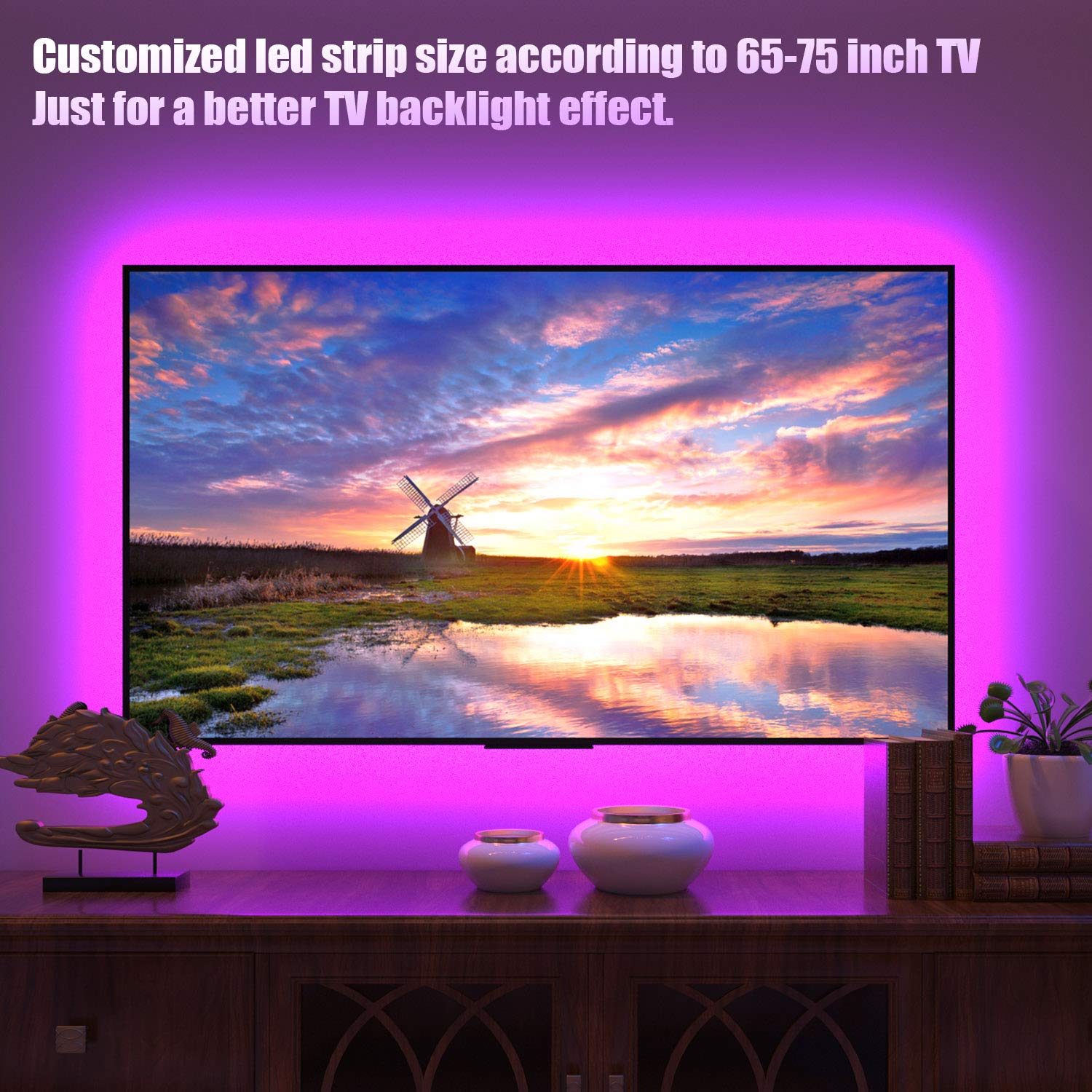 PANGTON VILLA 14.3ft USB LED TV Backlight Strip Lights for 65-75 inch HDTV, RGB 5050 LED Beads with 24-Key Remote (16 Color Changing) - Perfect for Home Theater, Gaming Setup & Ambient Lighting