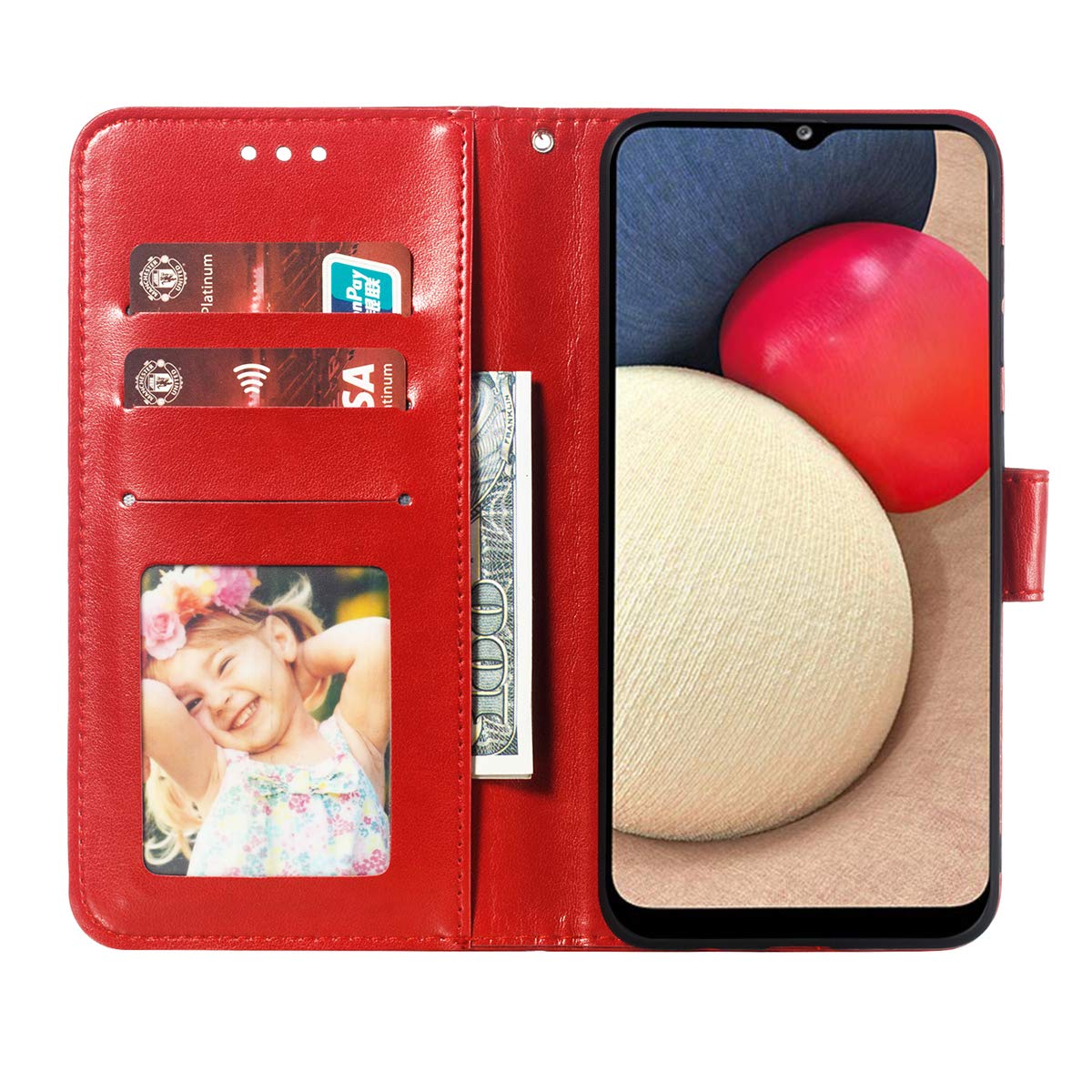 Premium PU Leather Mandala Embossed Flip Case for Samsung Galaxy A02S - Wallet Phone Cover with Card Slots & Magnetic Stand (Red) - Perfect for Daily Use, Travel, and Business Meetings