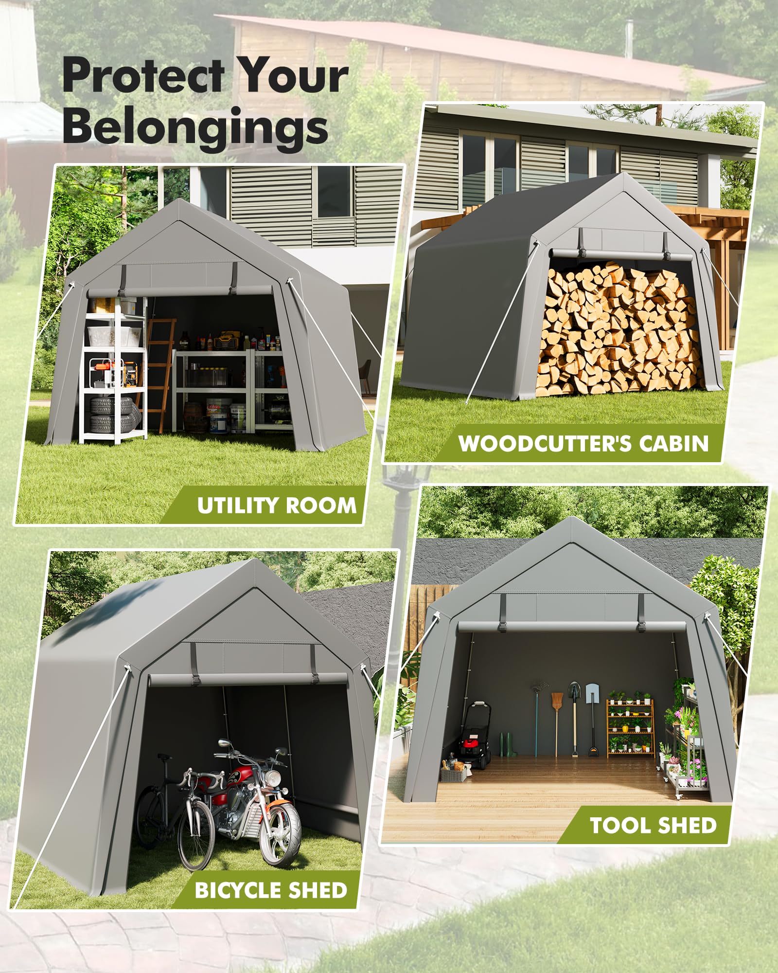 10x10 ft Heavy Duty Waterproof Carport Storage Shed with 2 Roll-up Zipper Doors - Shelter Logic Canopy for ATV, Motorcycle, Bike & Garden Tools - Perfect for Outdoor Vehicle Protection, Firewood Storage & Backyard Organization