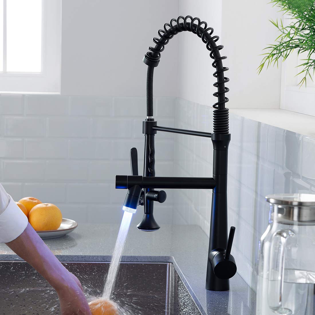AIMADI Matte Black Commercial Kitchen Faucet with Pull Down Sprayer & LED Light - Single Handle Spring Sink Faucet for Restaurant, Home & Bar Use