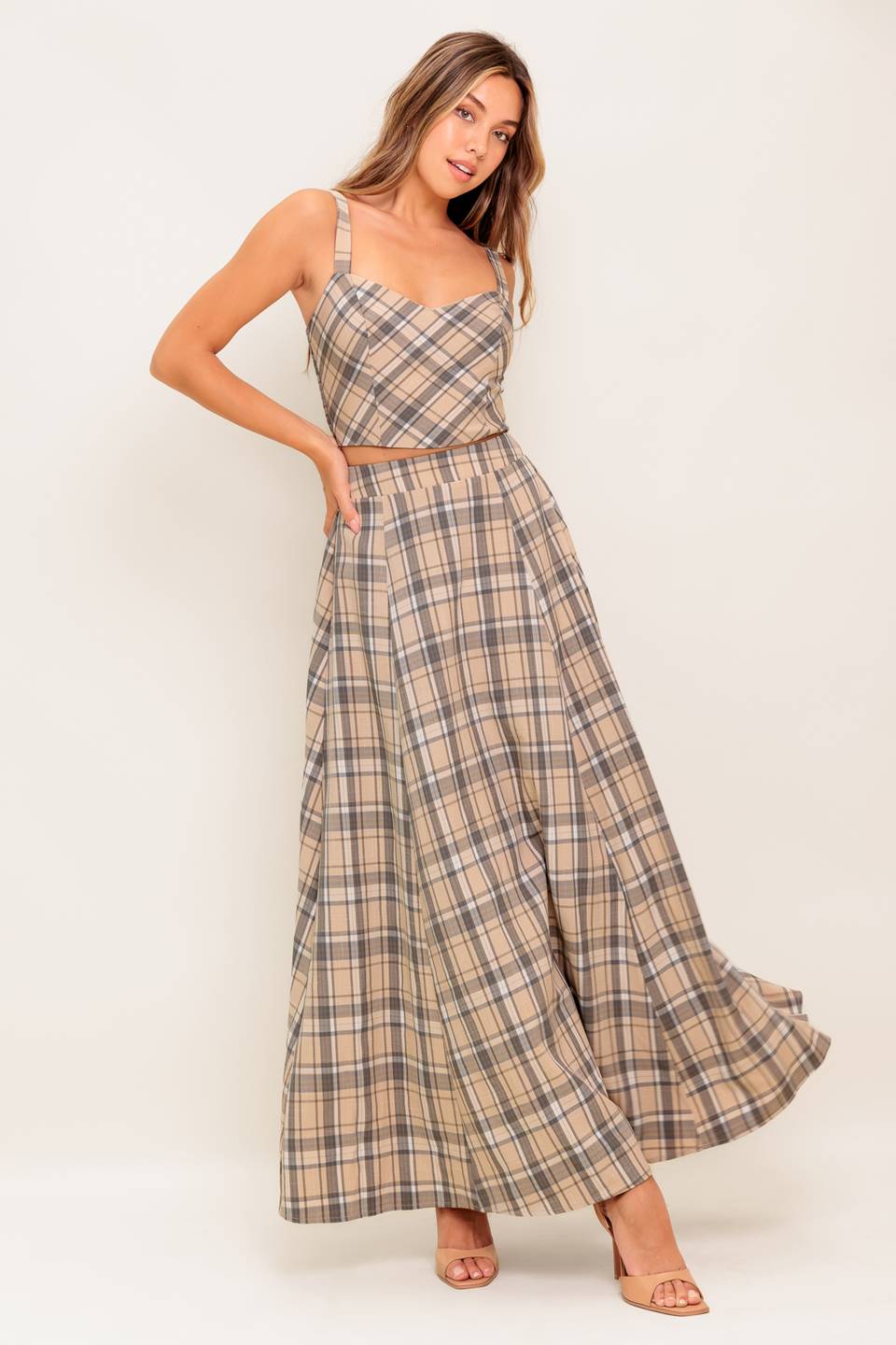 Heritage Charm Beige Plaid Top & Skirt Set - Vintage-Inspired Women's Outfit for Casual Wear & Fall Fashion