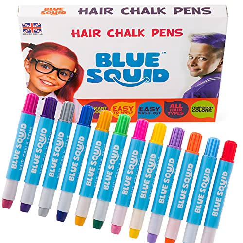 Vibrant Blue Squid Hair Chalk Pens - 10 Washable Temporary Hair Dye for Kids & Teens | Non-Toxic Hair Color Crayons for Girls Age 6-12 | Perfect for Birthday Gifts, Parties, Halloween & Creative Play