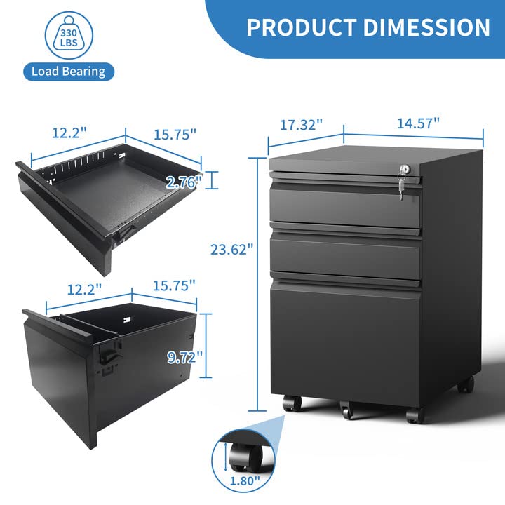 3 Drawer Mobile File Cabinet with Lock & Wheels - Metal Under Desk Rolling Storage for Legal/Letter Hanging Folders - Fully Assembled Black Home Office Organizer for Documents, Files & Supplies (Perfect for Small Spaces & Shared Workspaces)