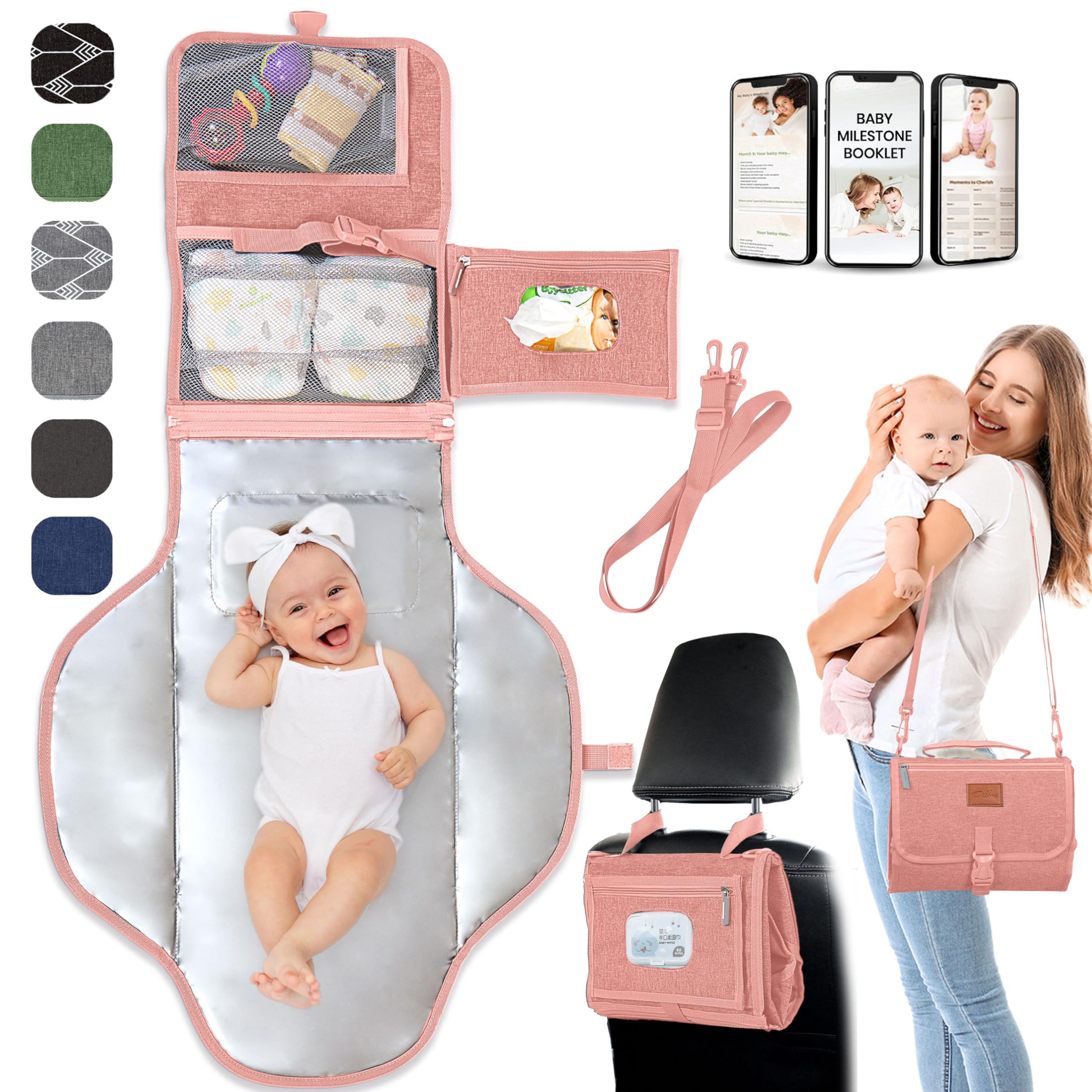 Portable Baby Changing Pad - Large Waterproof Foldable Travel Diaper Mat for Newborns with Detachable Wipes Pockets | Ideal for Home, Nursery, Travel & On-the-Go Diaper Changes