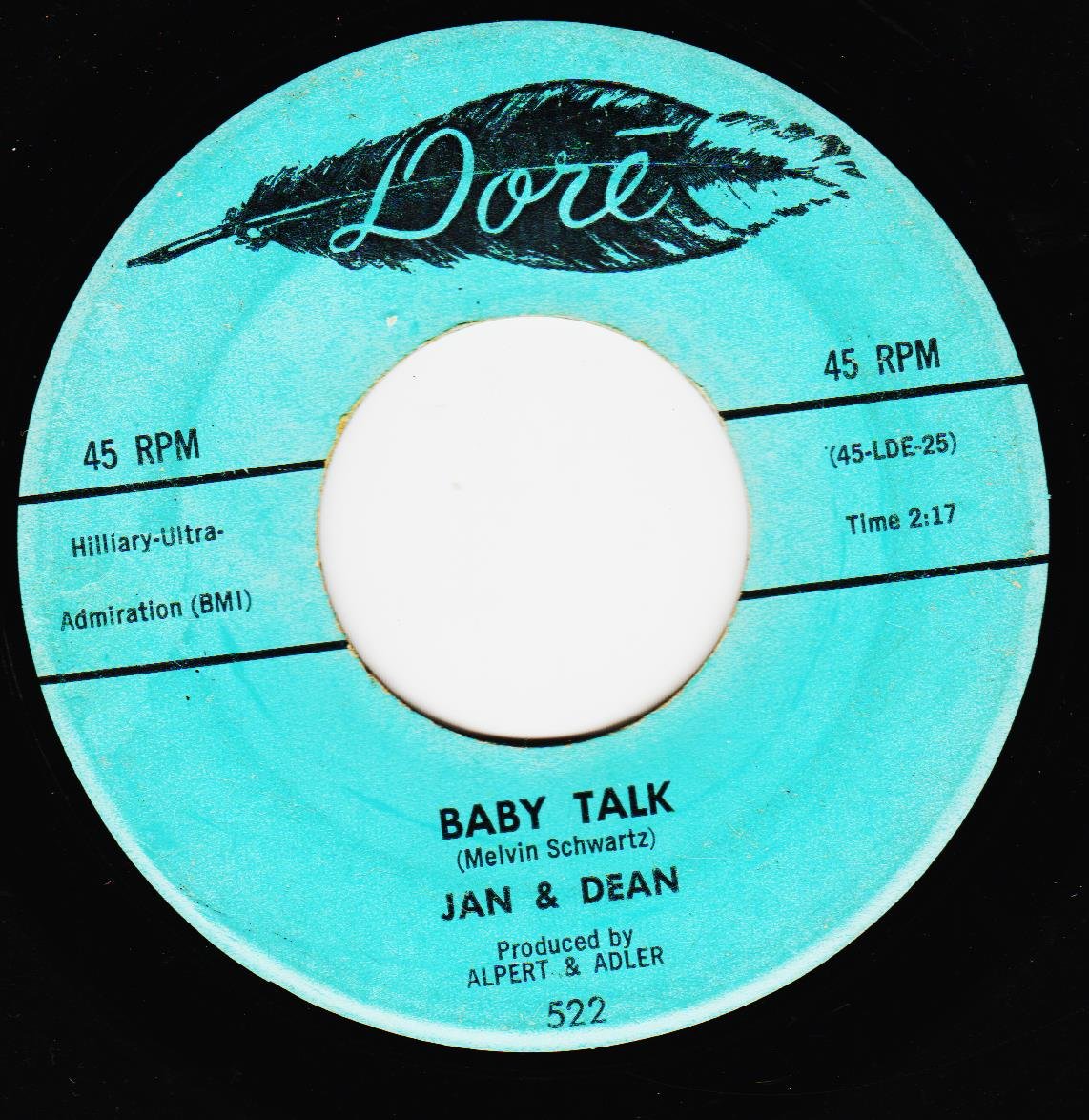 JAN & DEAN: BABY TALK / JEANETTE GET YOUR HAIR DOWN 45 rpm Vinyl Record - Classic 1960s Surf Rock Music for Collectors & Retro Music Lovers