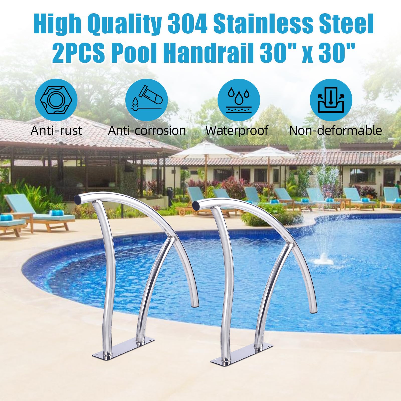 GARVEE 2-Pack 30x30 Inch Stainless Steel Pool Handrails for Inground Pools - Heavy Duty 304 Rustproof Design with Blue Non-Slip Grip Covers & Installation Accessories | Perfect for Pool Safety, Elderly Assistance, and ADA Compliance