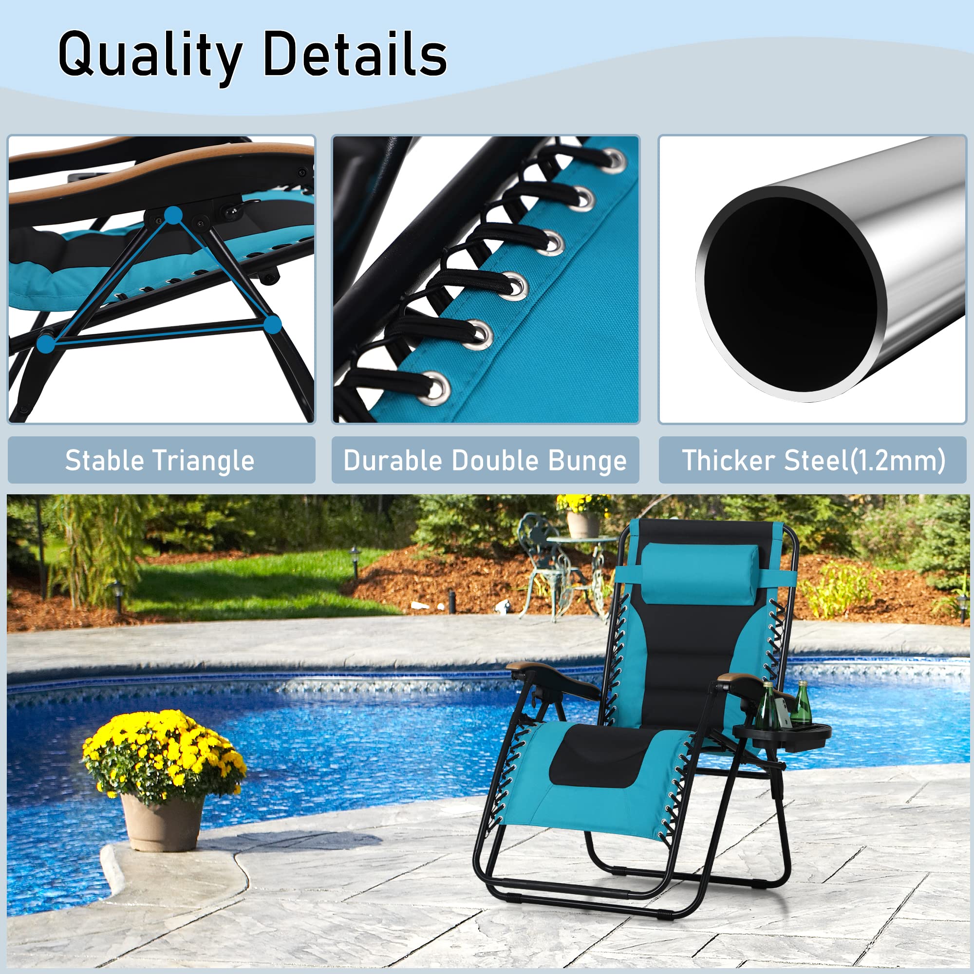 PHI VILLA Outdoor Adjustable Zero Gravity Lounge Chair with Side Table & Pillow - Portable Folding Recliner for Patio, Poolside, Beach & Backyard Relaxation - Aqua Blue