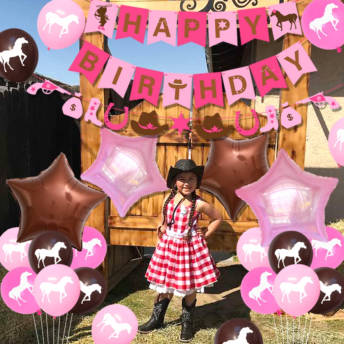 Western Cowgirl Party Decorations Set - Horse Birthday Supplies with Garland, Pink Balloons & Happy Birthday Banner for Western Theme Parties, Baby Showers & Cowgirl-Themed Events