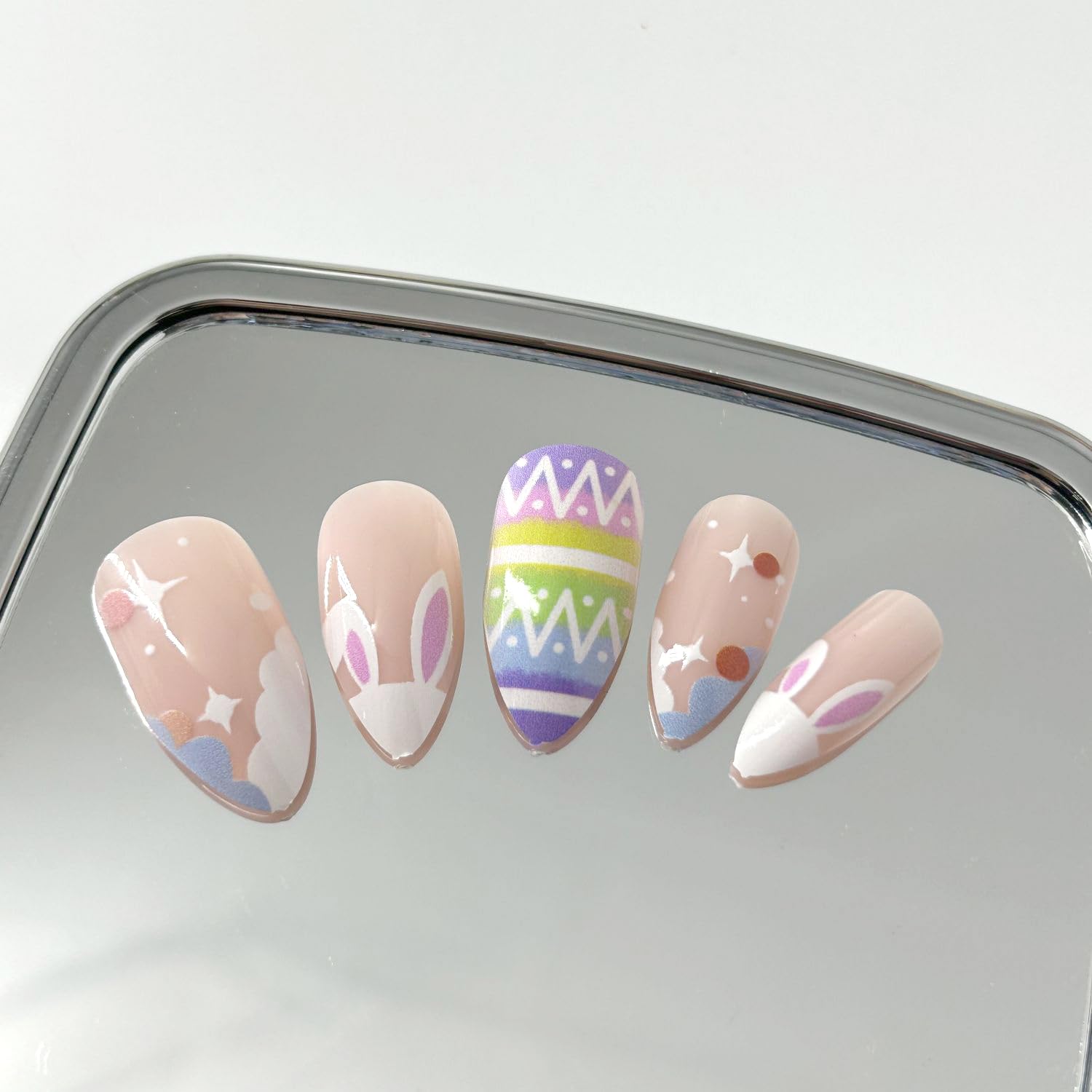 24Pcs Easter Bunny Press-On Nails - Short Almond Fake Nails in Nude Pink | Full Cover Glue-On Acrylic Nails with Easter Egg Decorations | Cute Nail Art Supplies for Women & Girls | Perfect for Easter Parties, Spring Nail Designs & Daily Wear