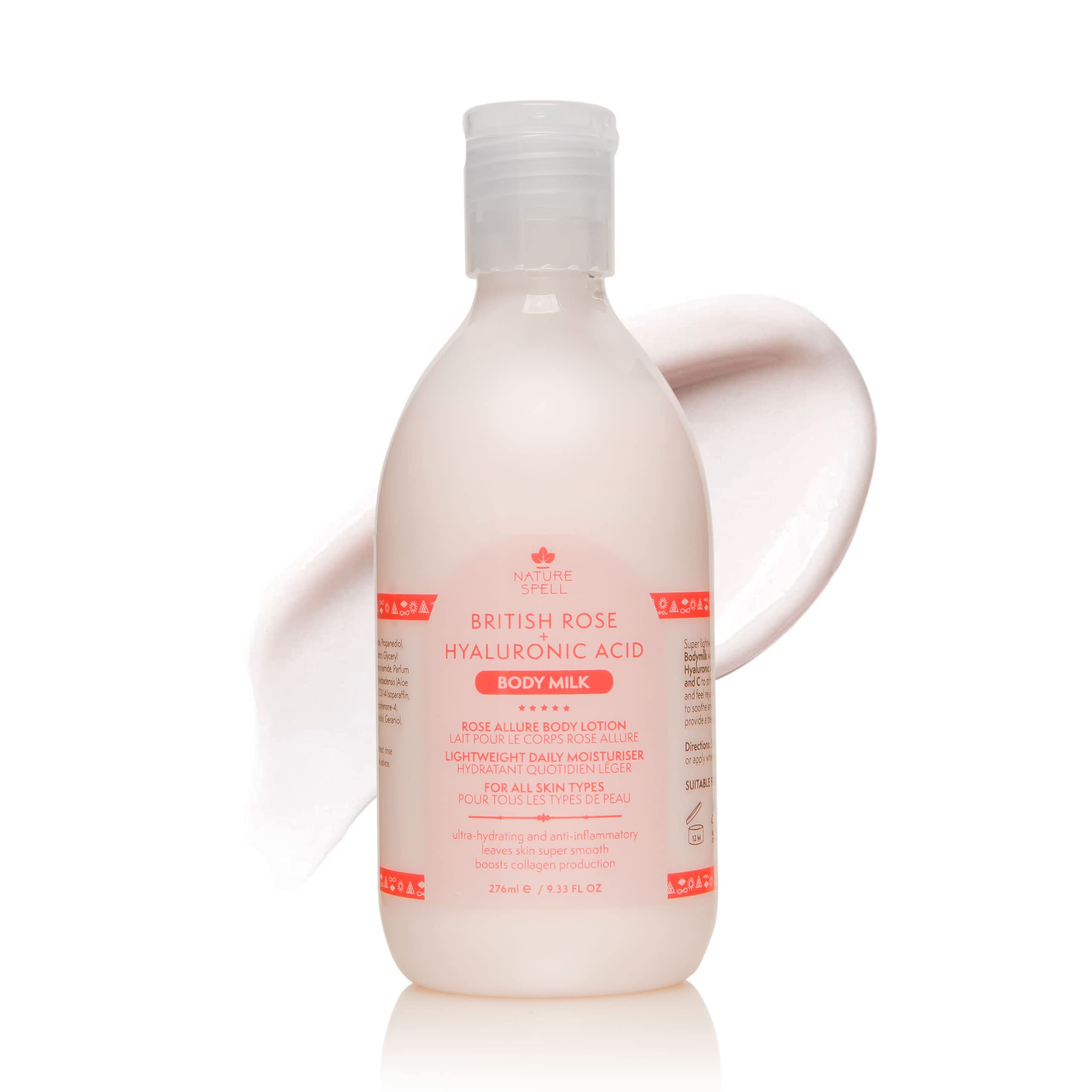 Nature Spell British Rose Body Lotion 276ml - Hyaluronic Acid Infused Rose Allure Body Milk for Instant Hydration | Vegan, UK Made | Suitable for All Skin Types | Perfect for Dry Skin Care & Daily Moisturizing Routine