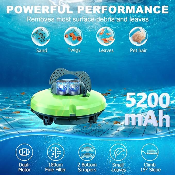 2024 Upgraded Cordless Robotic Pool Cleaner - Automatic Pool Vacuum for Above Ground & In-Ground Pools up to 1000 Sq.Ft, 120 Min Runtime with Auto-Parking (Green) | Perfect for Weekly Pool Maintenance & Seasonal Cleaning