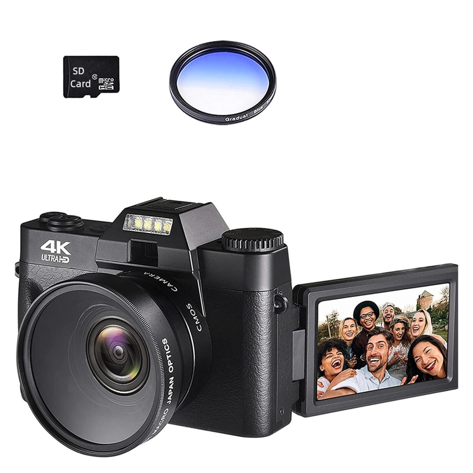4K Video Camera with Macro Lens, 48MP Digital Camera with Flip Screen & WiFi - Vintage Vlog Camcorder, 16X Wide Angle, Includes 32G SD Card & Lens Filter - Perfect for YouTube, TikTok, Travel Vlogging & Live Streaming