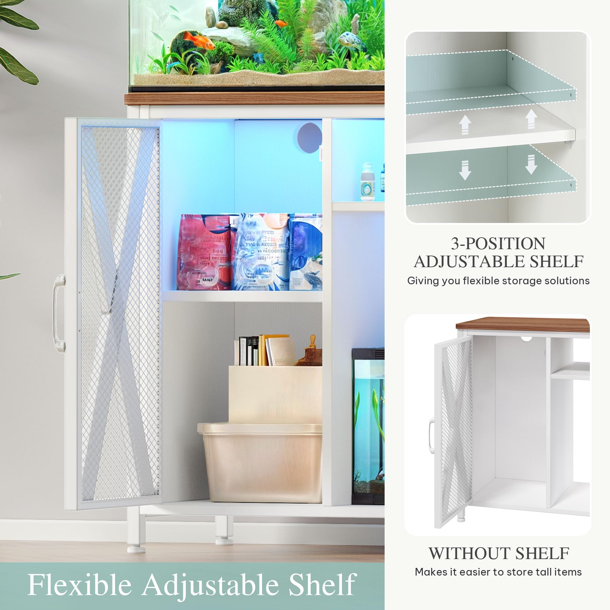YITAHOME 20-29 Gallon Metal Aquarium Stand with Power Outlets & LED Light - White Fish Tank Cabinet with Storage for Accessories, Turtle Tank & Reptile Terrarium (350LBS Capacity) - Perfect for Living Room, Bedroom or Office Decor
