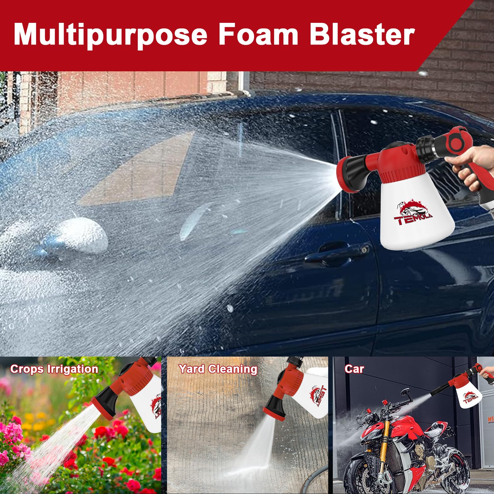 TEMOLA Adjustable Foam Cannon for Car Wash - High Pressure Foam Sprayer with Garden Hose Attachment - Ideal for Cars, Motorcycles & Garden Cleaning (Blue & Red) - Perfect for Home Car Detailing & Outdoor Cleaning