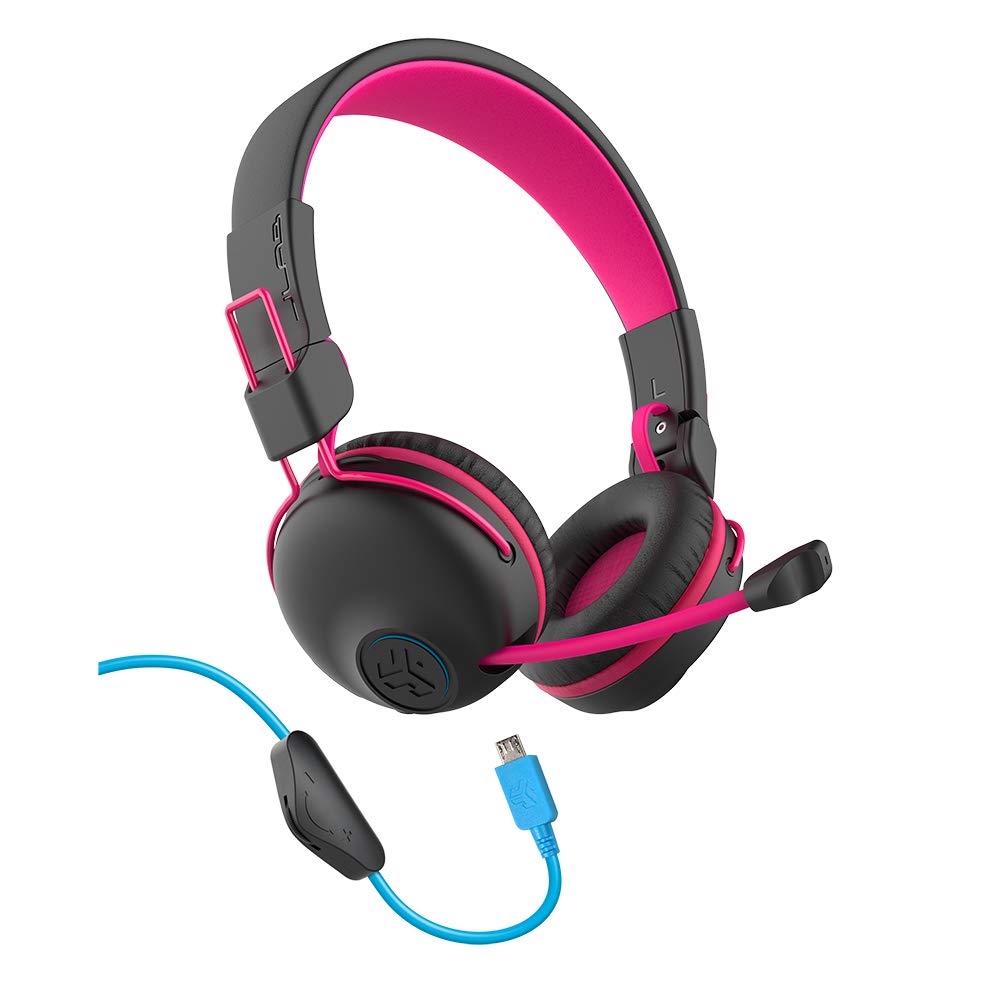 JLab JBuddies Play Wireless Gaming Headset for Kids - Pink | 22+ Hour Battery, Bluetooth 5, 60ms Low Latency for Mobile Gaming | Retractable Mic, AUX Compatible with PS5/Xbox/Switch | Perfect for Online Classes & Travel