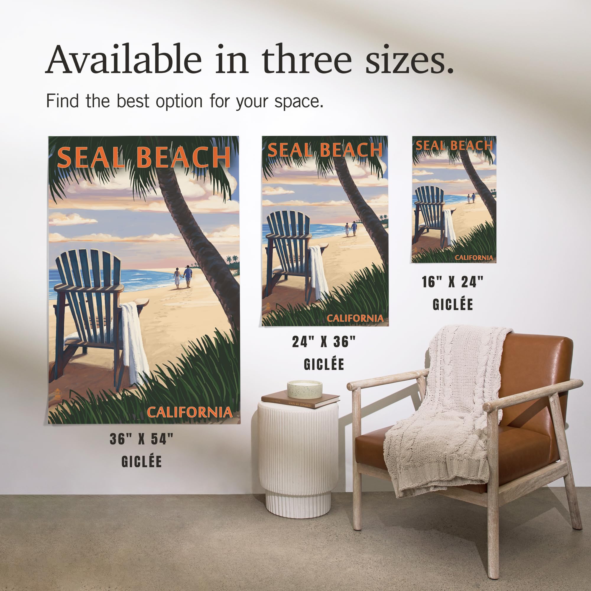 Lantern Press 16x24 Inch Giclee Art Print - Seal Beach California Sunset with Adirondack Chairs - Coastal Wall Decor for Living Room, Bedroom & Office