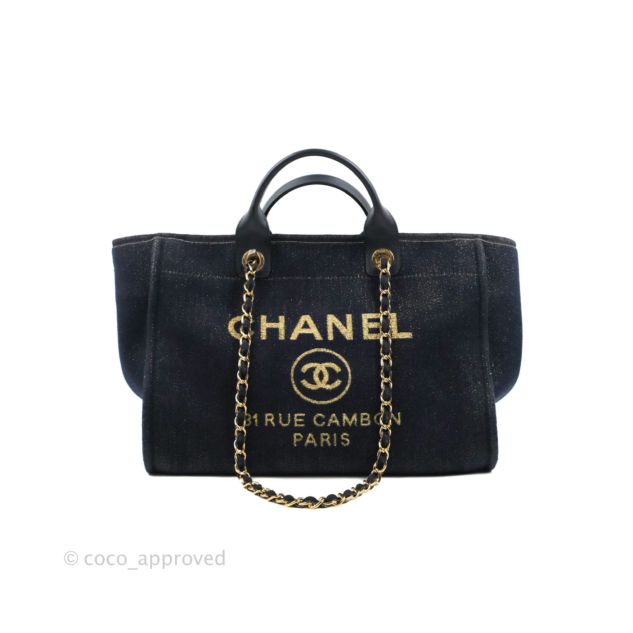 Chanel Canvas Large Deauville Tote Bag in Navy with Glittery Gold Logo - 19B Collection | Luxury Designer Handbag for Women, Perfect for Work, Travel & Everyday Use