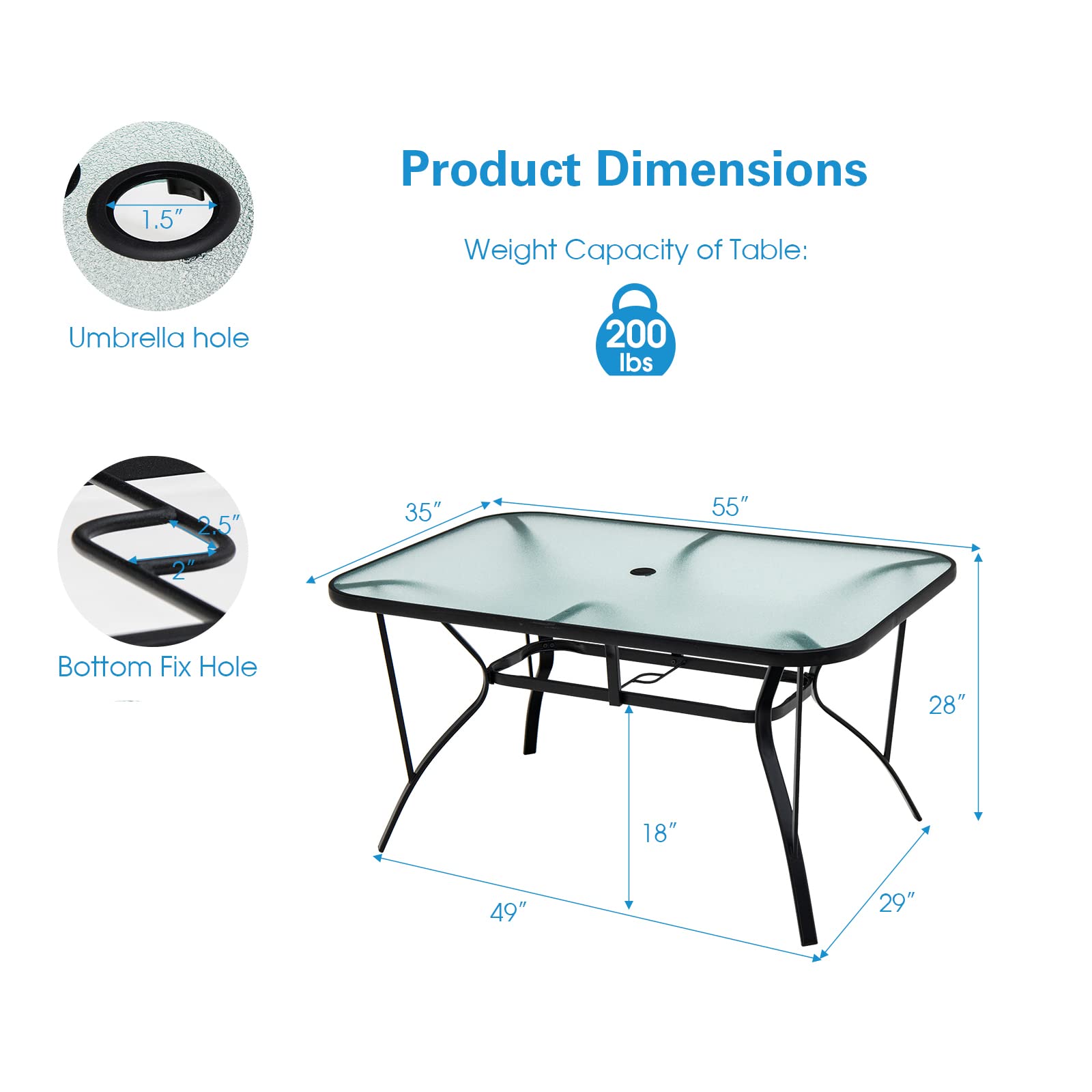 Tangkula 55-Inch Rectangle Patio Dining Table for 6 with Umbrella Hole - Tempered Glass Top & Steel Frame - Outdoor Dining Set for Backyard, Poolside, Balcony, Garden Parties & BBQ Gatherings