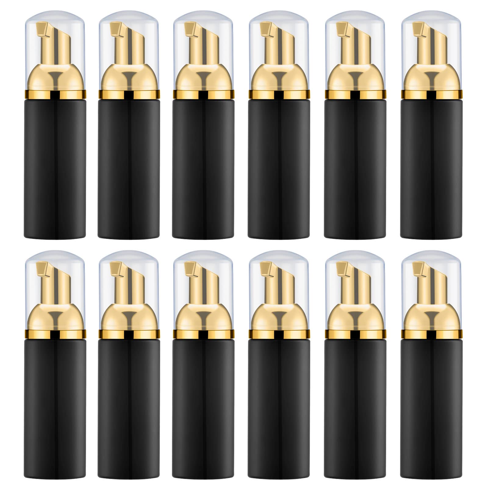 2 Oz Foam Pump Bottles (12PCS) - BPA Free Refillable Travel Soap Dispenser for Hand Soap, Body Wash & Eyelash Shampoo | Mini Pocket Size with Black & Gold Pump & Clear Cap | Perfect for Travel, Gym, Home & Salon Use