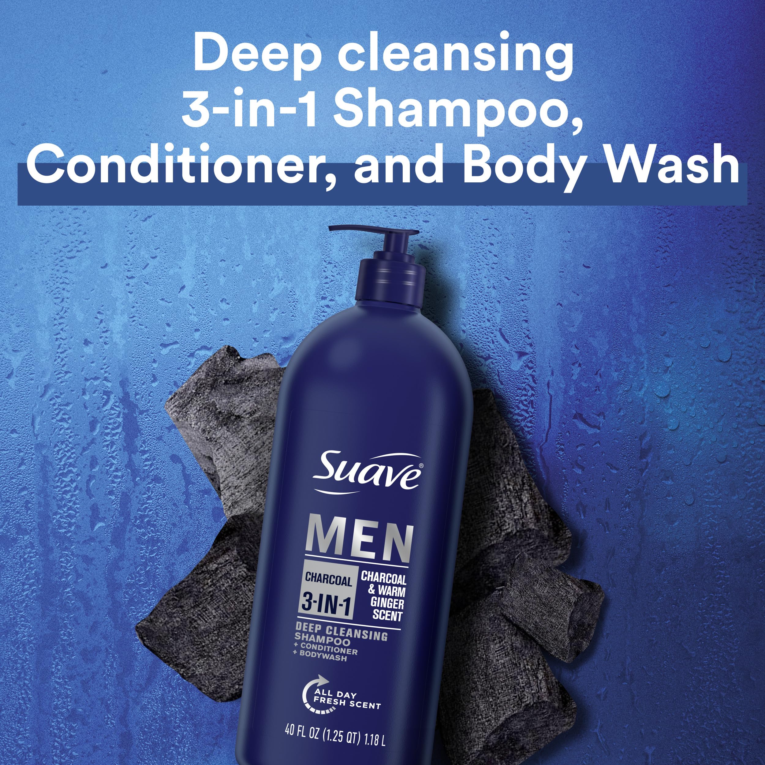 Suave Men 3-in-1 Shampoo Conditioner & Body Wash with Charcoal & Warm Ginger - 40 oz (Pack of 3) for Deep Cleansing & Nourishing Hair & Skin - Perfect for Gym, Travel & Daily Shower Routine