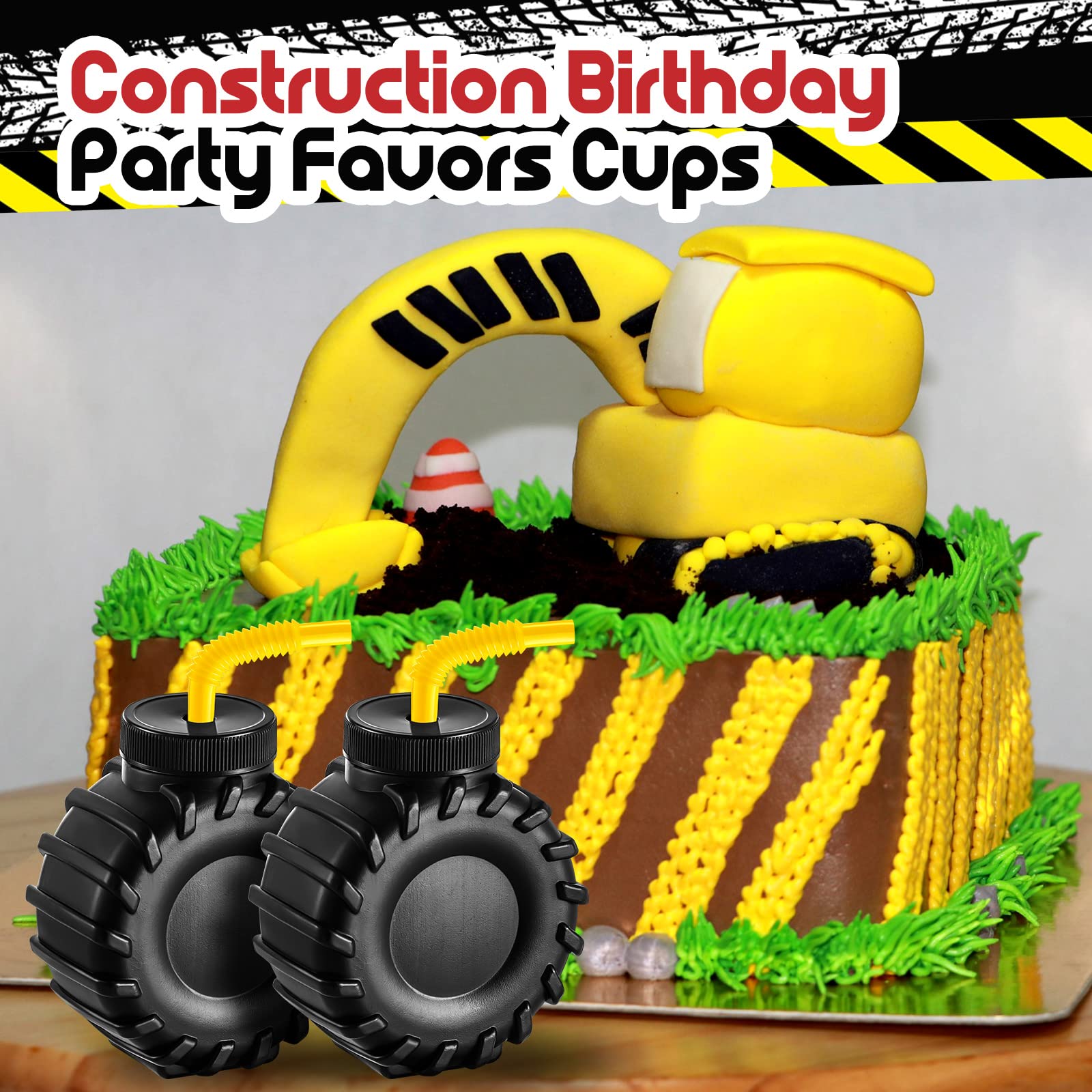 Amyhill 6-Piece 12 oz Construction Truck Cups Set with Orange Straws - Durable Plastic Kids Party Cups for Birthday, Construction Theme Party, Baby Shower & Summer BBQ Decorations