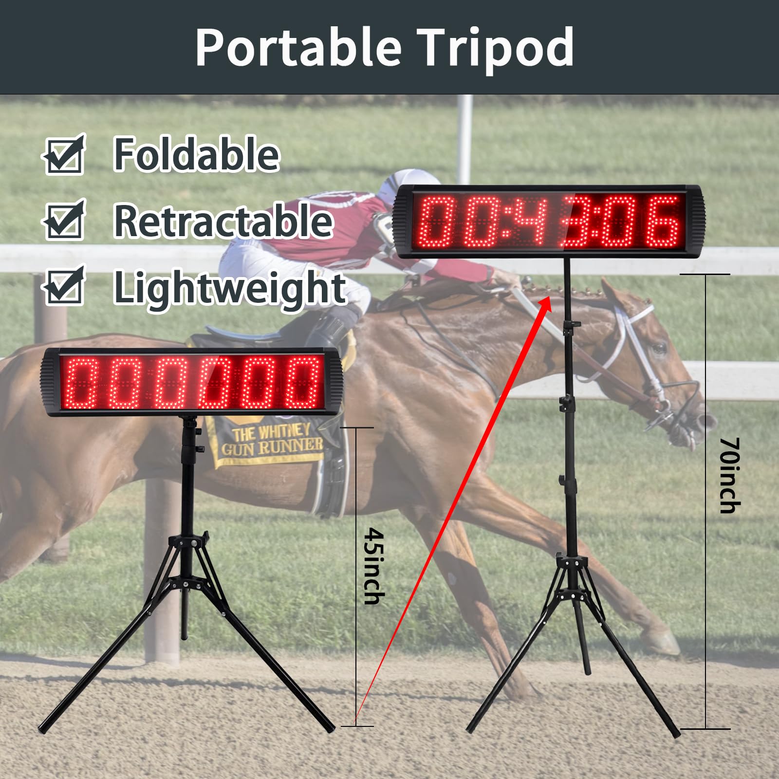 Portable 5-Inch High 6-Digit LED Race Clock with Tripod - Digital Countdown/Up Timer for Running Events, 12/24-Hour Display, Remote Control Stopwatch - Perfect for Track Meets, Marathons & Sports Timing