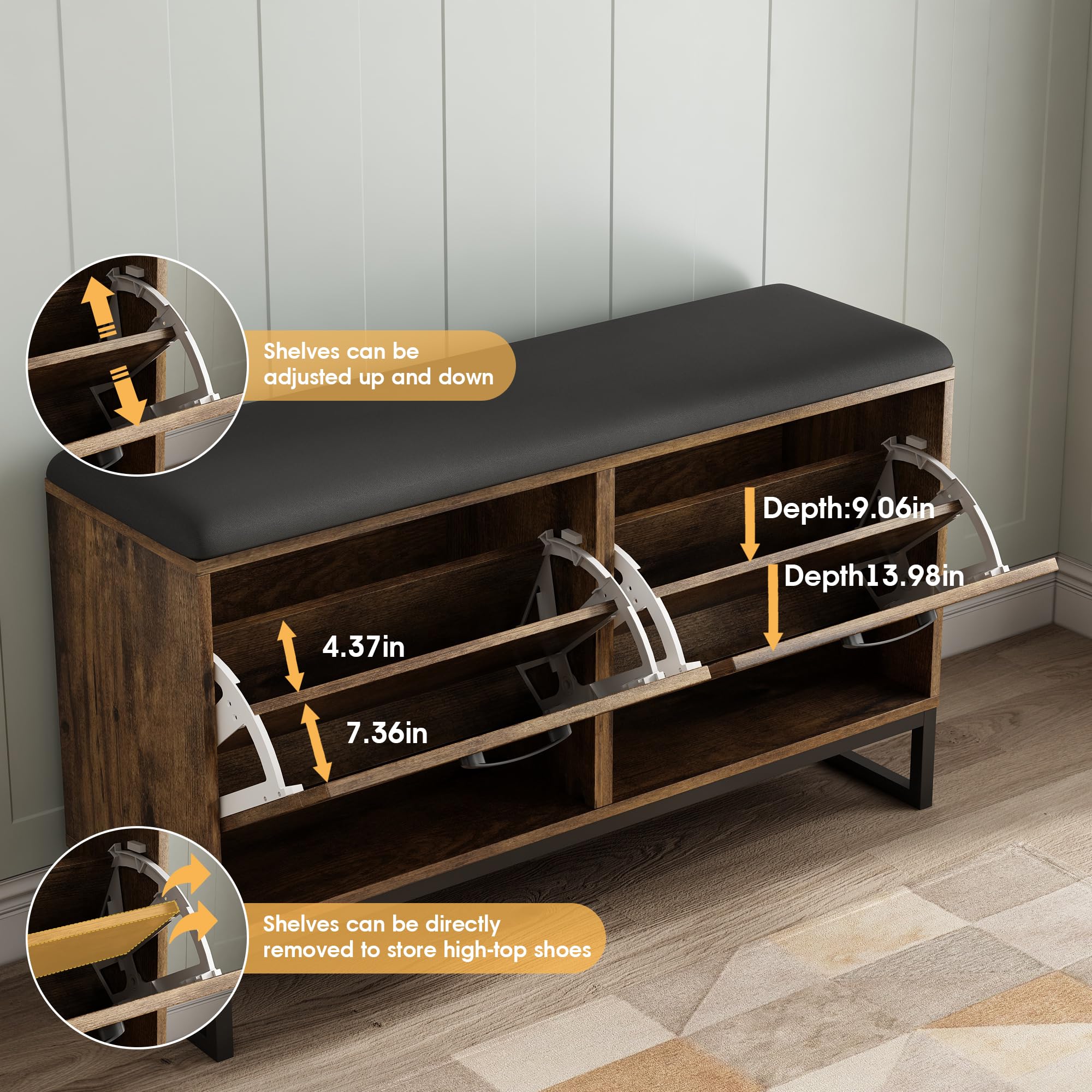 Maupvit Shoe Cabinet with 2 Flip Drawers & Coat Rack - Entryway Storage Bench with Seat Cushion, 5 Large Metal Hooks - Locking Wall Mount for Stability - Rustic Brown Shoe Organizer for Hallway, Mudroom & Living Room