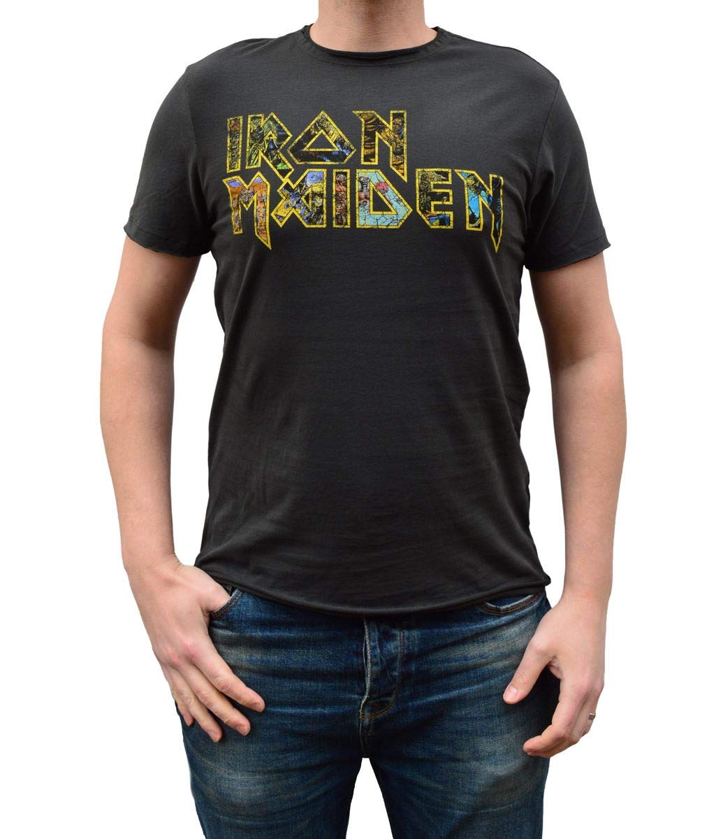 Amplified Clothing Iron Maiden 'Eddie's Logo' Charcoal T-Shirt | Vintage Band Tee for Rock Music Fans & Concert Outfits