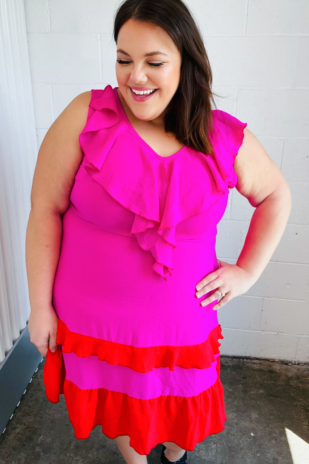 Fuchsia Ruffle V-Neck Crepe Tiered Midi Dress for Women - Flowy Party & Wedding Guest Outfit - Elegant Cocktail & Summer Dresses