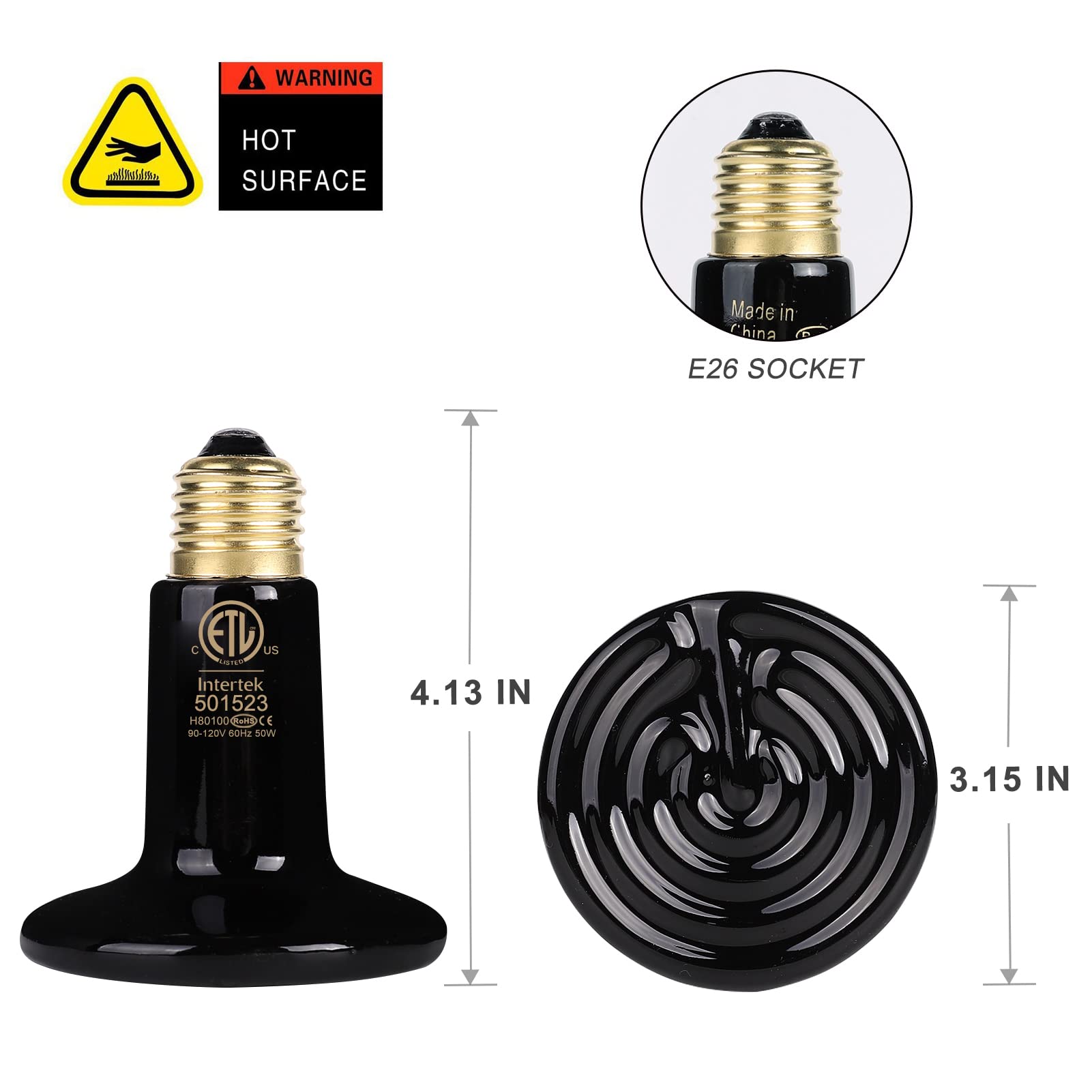 WUHOSTAM 50W 2 Pack Black Ceramic Heat Lamp - Infrared Bulb Emitter for Reptiles, Chickens, Turtles & Lizards | Adjustable Temperature Pet Coop Heater, No Light ETL Certified | Perfect for Brooding, Terrariums & Animal Enclosures