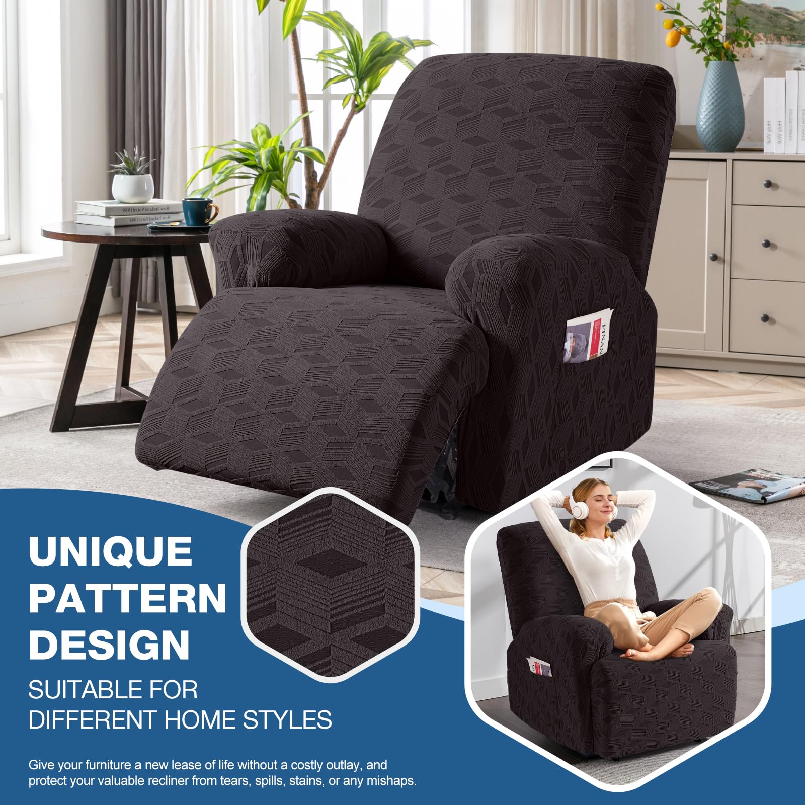 TAOCOCO Oversized Recliner Cover - Stretch Jacquard Reclining Chair Slipcover with Elastic Bottom, Furniture Protector for Sofa & Couch - Pet & Kid Friendly - Chocolate Brown - Perfect for Living Room, Family Room & Home Theater