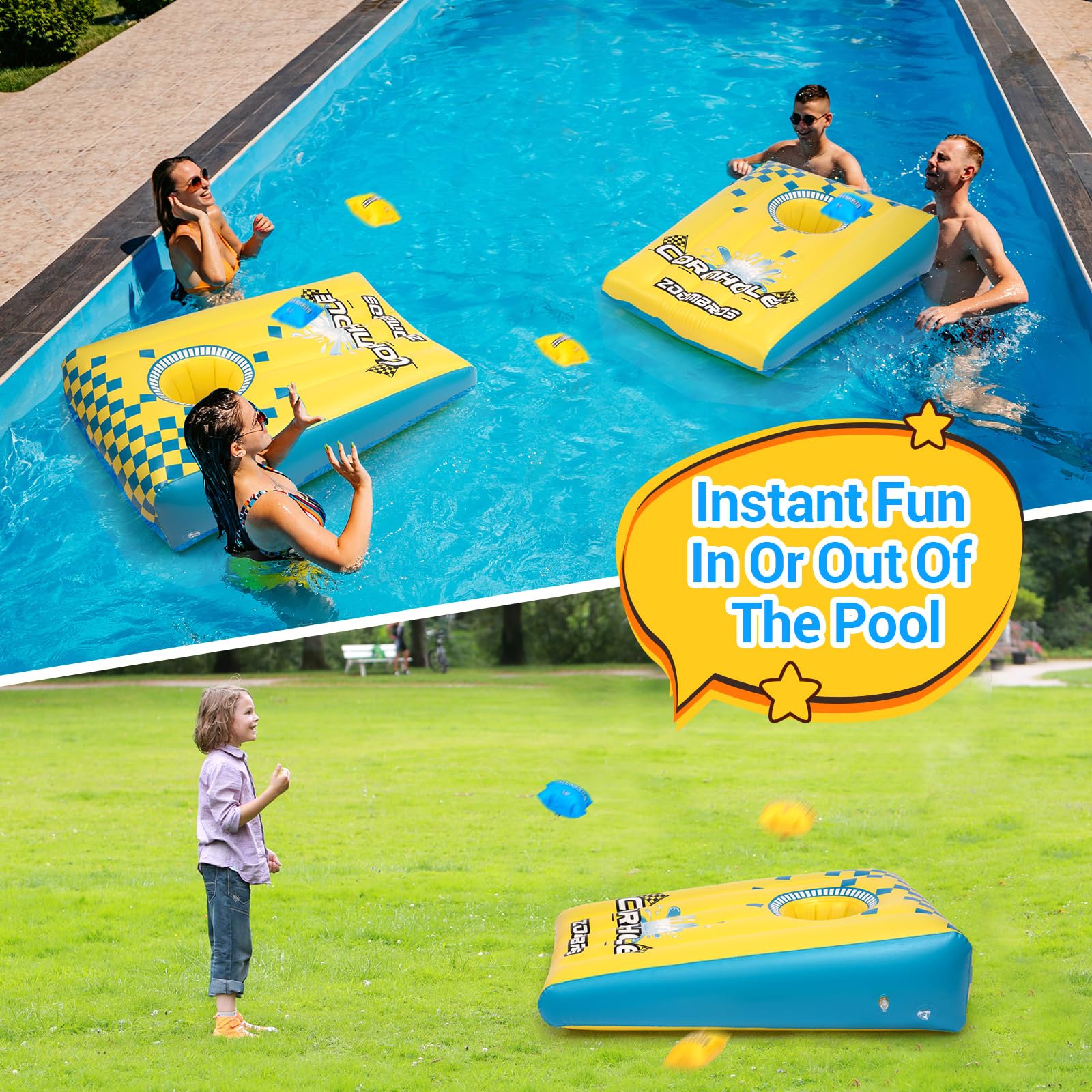 2-in-1 Inflatable Cornhole & Ring Toss Game Set with 6 Bean Bags - Floating Pool Party Games for Adults, Teens and Family - Perfect for Backyard BBQs, Beach Parties and Summer Gatherings