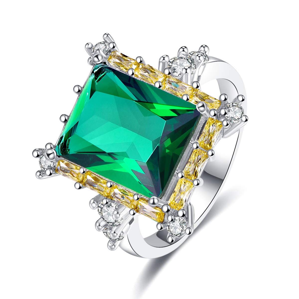 Narica Women's 925 Sterling Silver Radiant Cut Emerald Quartz Ring Size 8 - Elegant Mother's Day Gift, Wedding Band, Anniversary Jewelry for Her