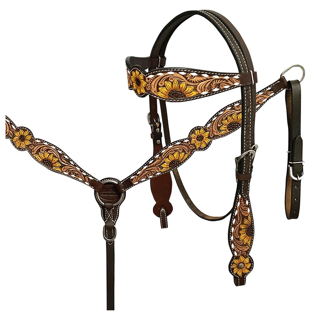 HILASON Western Horse Headstall - Premium American Leather Dark Brown Bridle | Durable Leather Breast Collar & Tack Set for Horses | Perfect for Trail Riding, Rodeo & Ranch Work