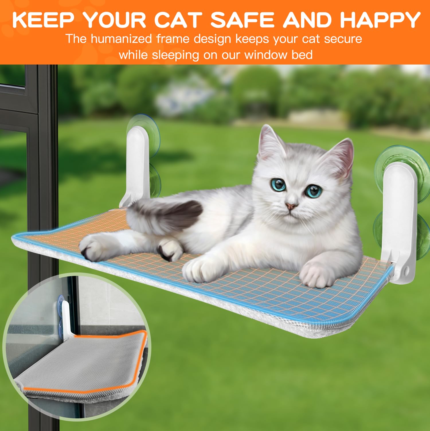Cat Window Perch - Sturdy Cordless Cat Hammock with 4 Strong Suction Cups & 2 Metal Frames, Reversible Soft Pet Bed, Foldable Indoor Cat Perch for Kittens & Cats - Perfect for Sunny Windows, Apartment Living & Cat Napping