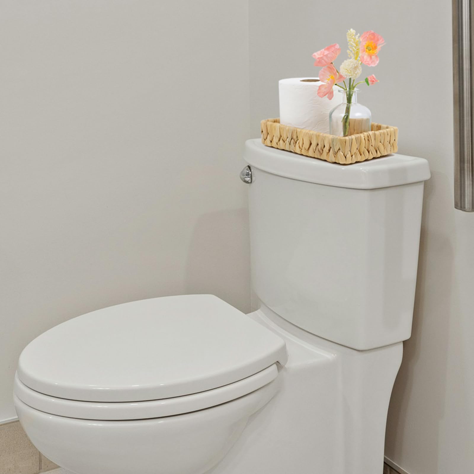 10 Inch Water Hyacinth Bathroom Tray - Rattan Wicker Vanity Organizer for Toilet Tank & Countertop | Small Decorative Basket for Bathroom Decor, Coffee Table & Home Organization