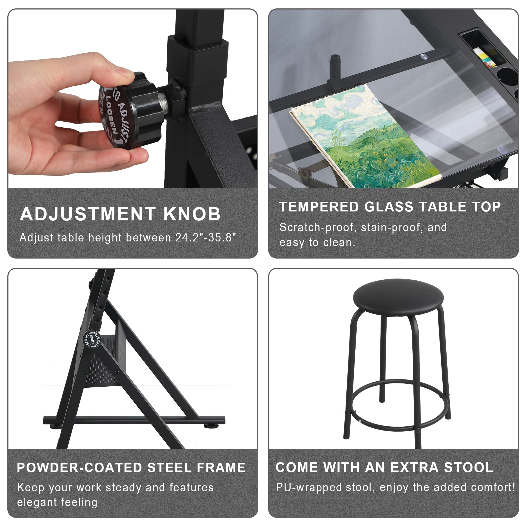 LifeSky Adjustable Drafting Table for Artists - Glass Top Art Drawing Desk with Storage for Painting, Sketching & Illustration - Perfect for Painters, Illustrators, Cartoonists & Designers (Black) - Ideal for Home Studios, Art Classes & Professional Workspaces