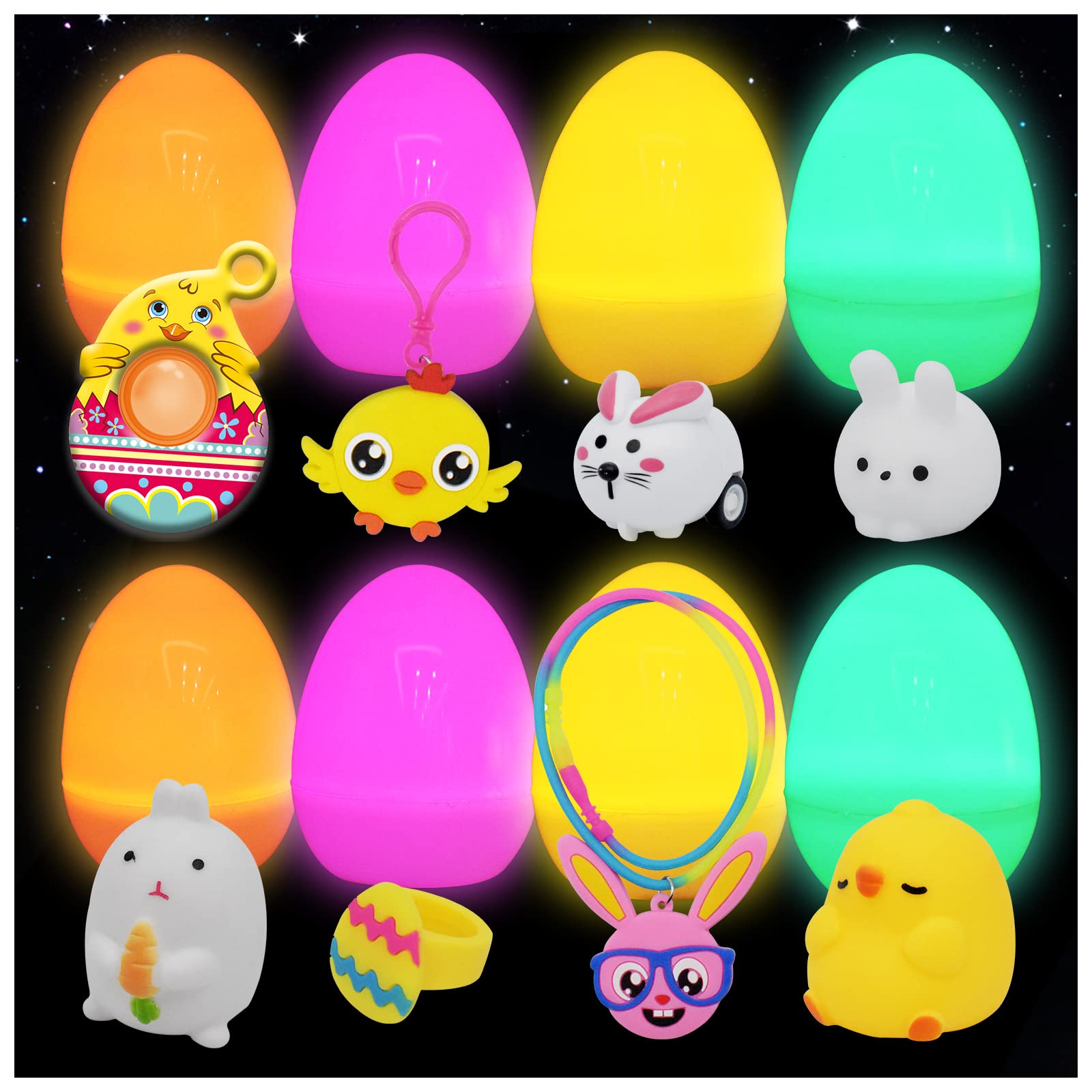 Glow in the Dark Surprise Eggs with Toys Inside - 8 Pack Electronic Easter Eggs That Light Up in 4 Colors - Includes 8 Fun Mini Toys - Perfect for Easter Baskets, Birthday Party Favors, Kids' Treasure Hunts & Nighttime Play for Boys and Girls