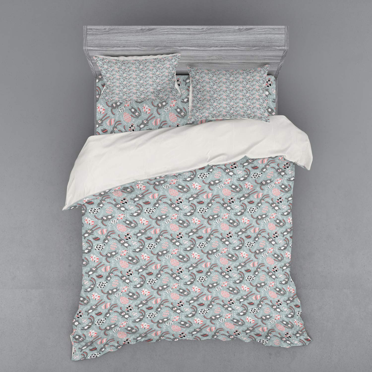 Ambesonne Easter Bedding Set - 3 Piece Queen Size Duvet Cover with Sham & Fitted Sheet, Cartoon Bunny Design with Spring Branches & Eggs in Blue-Grey Black & Coral | Perfect for Spring Decor, Easter Gift & Cozy Bedroom Upgrade
