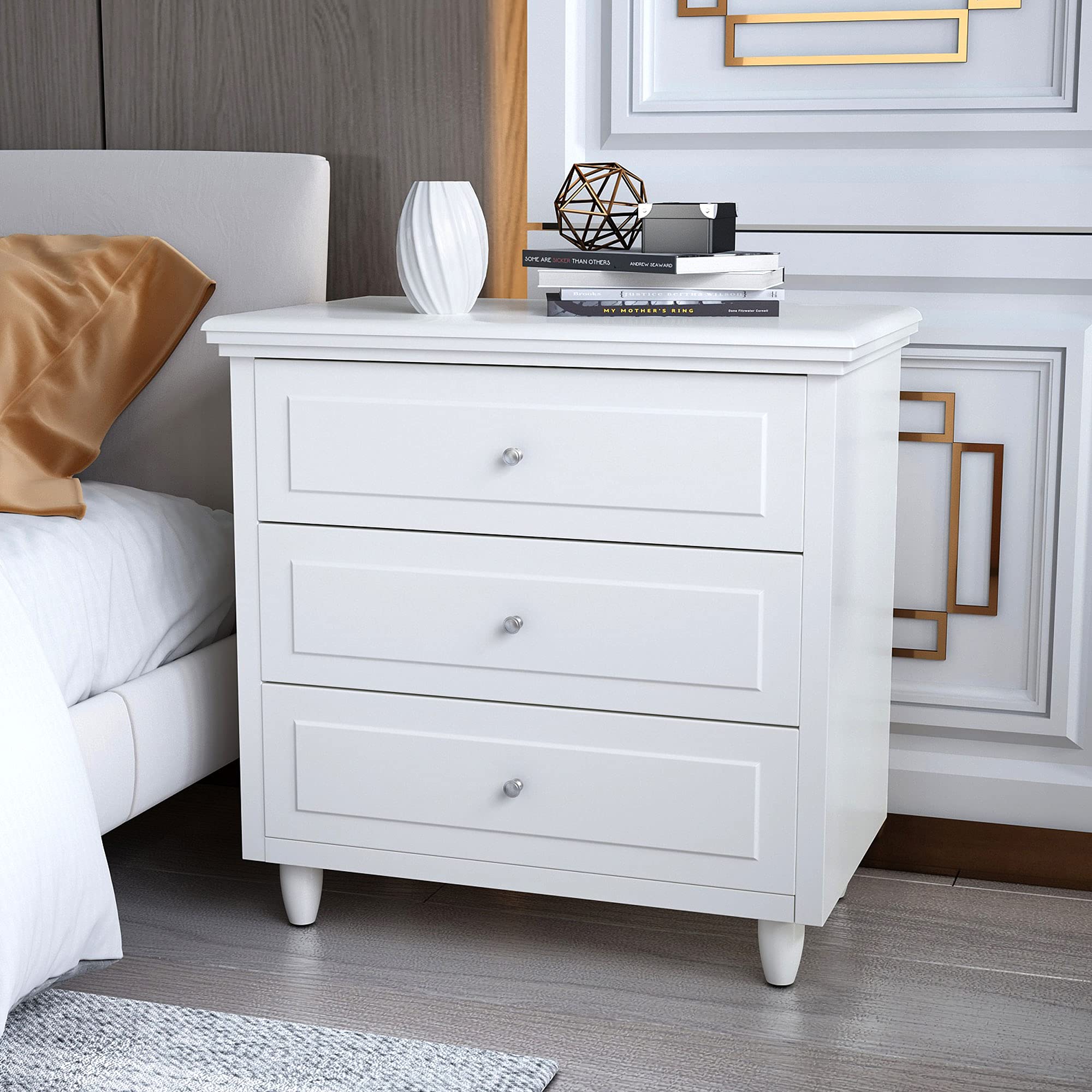 Modern White 3-Drawer Nightstand with Wood Legs - 15.75
