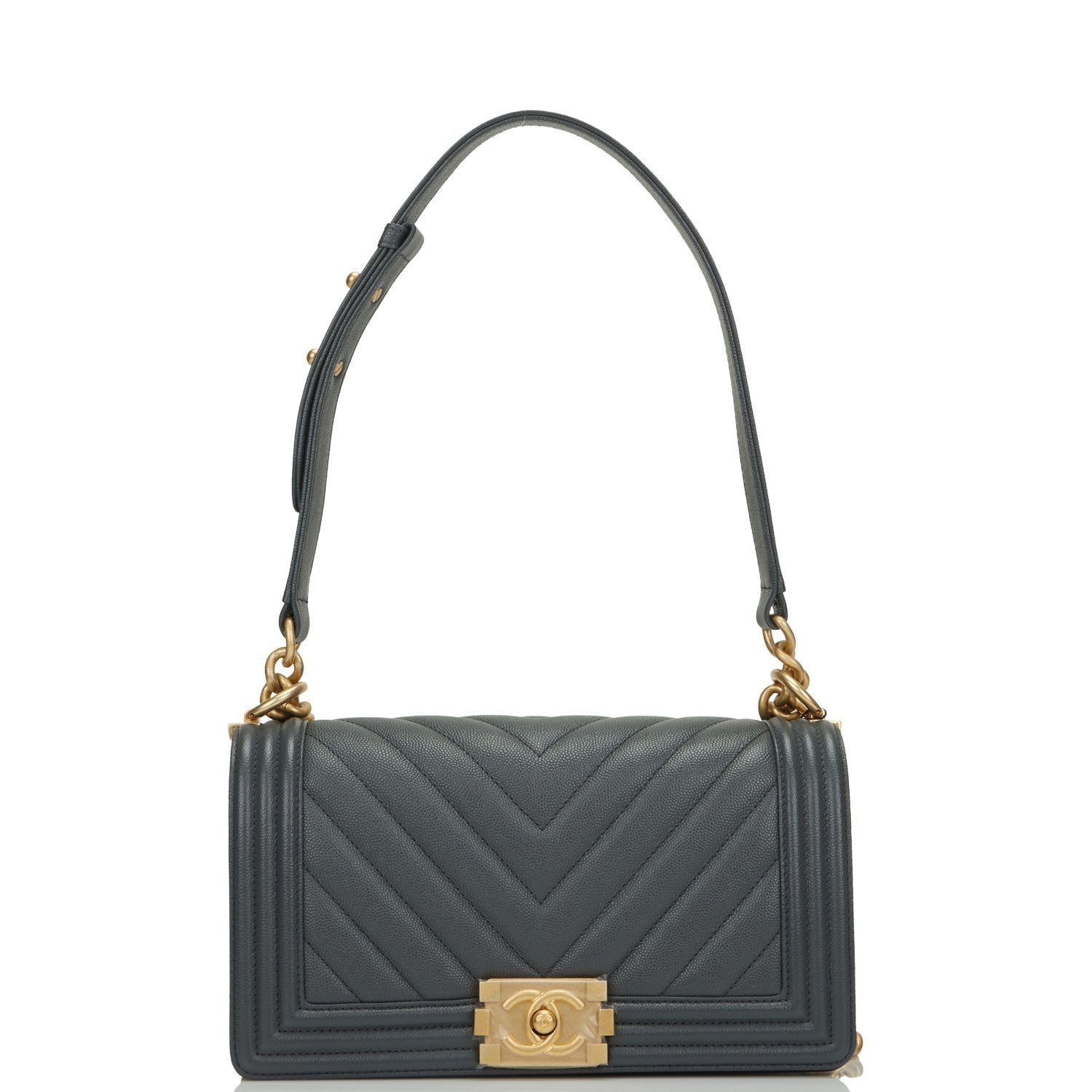 Chanel Medium Boy Bag in Dark Grey Chevron Caviar Leather with Antique Gold Hardware - Luxury Crossbody Bag for Women, Perfect for Evening Events & Date Nights