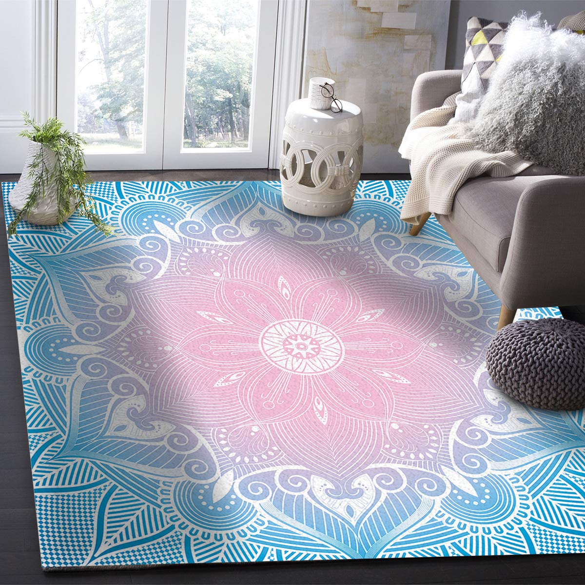 2'x3' Non-Shedding Boho Area Rug - Pink Blue Abstract Mandala Flower Design for Bedroom, Living Room, Entryway & Kitchen Decor | Indoor Outdoor Home Carpet Runner for Bathroom, Hallway & Dorm Use