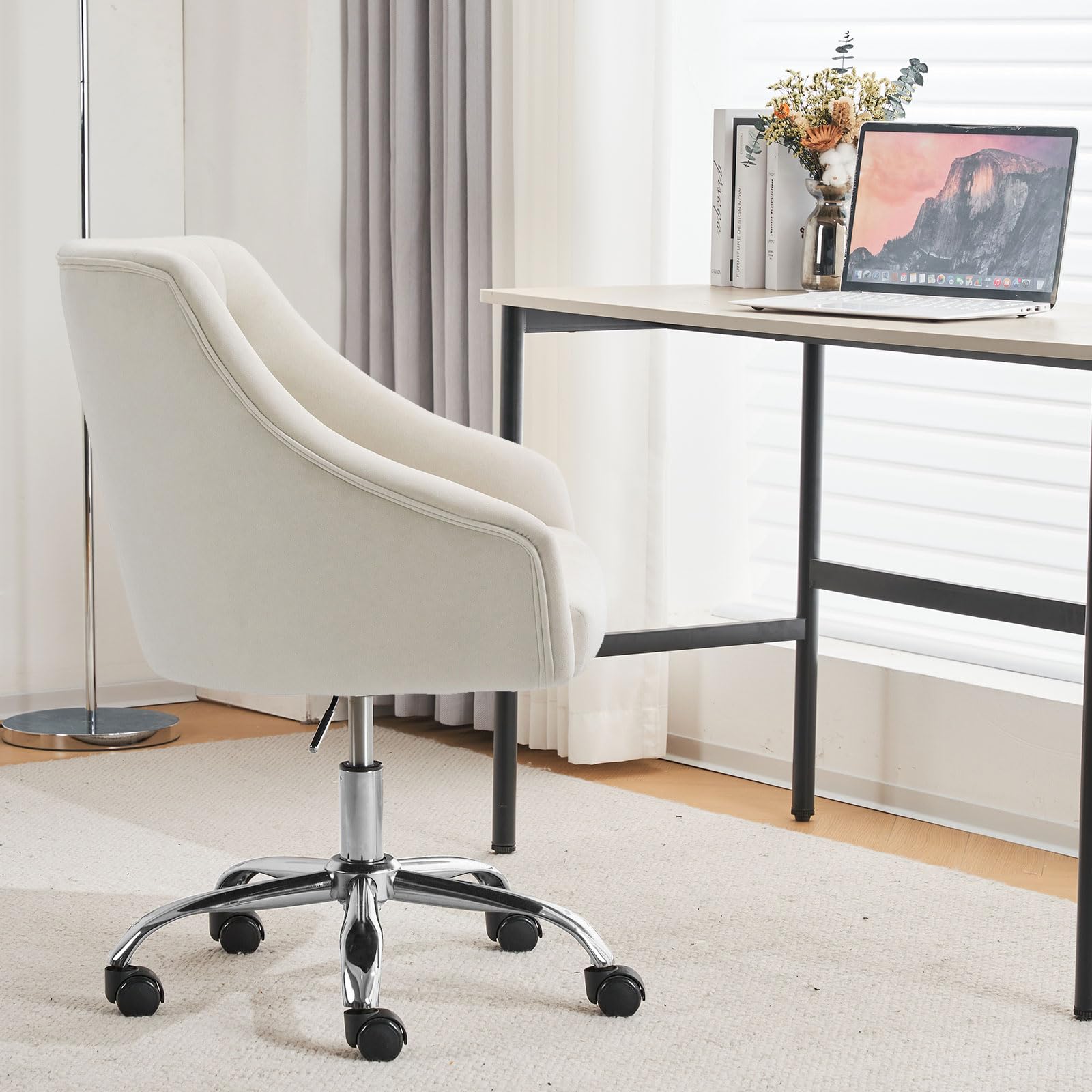 MOJAY Velvet Office Swivel Chair - Adjustable Height 360° Rotating Vanity Desk Chair with Gold Base, Soft Fabric Upholstery for Women's Home Office, Reception Area, and Dressing Room (White)