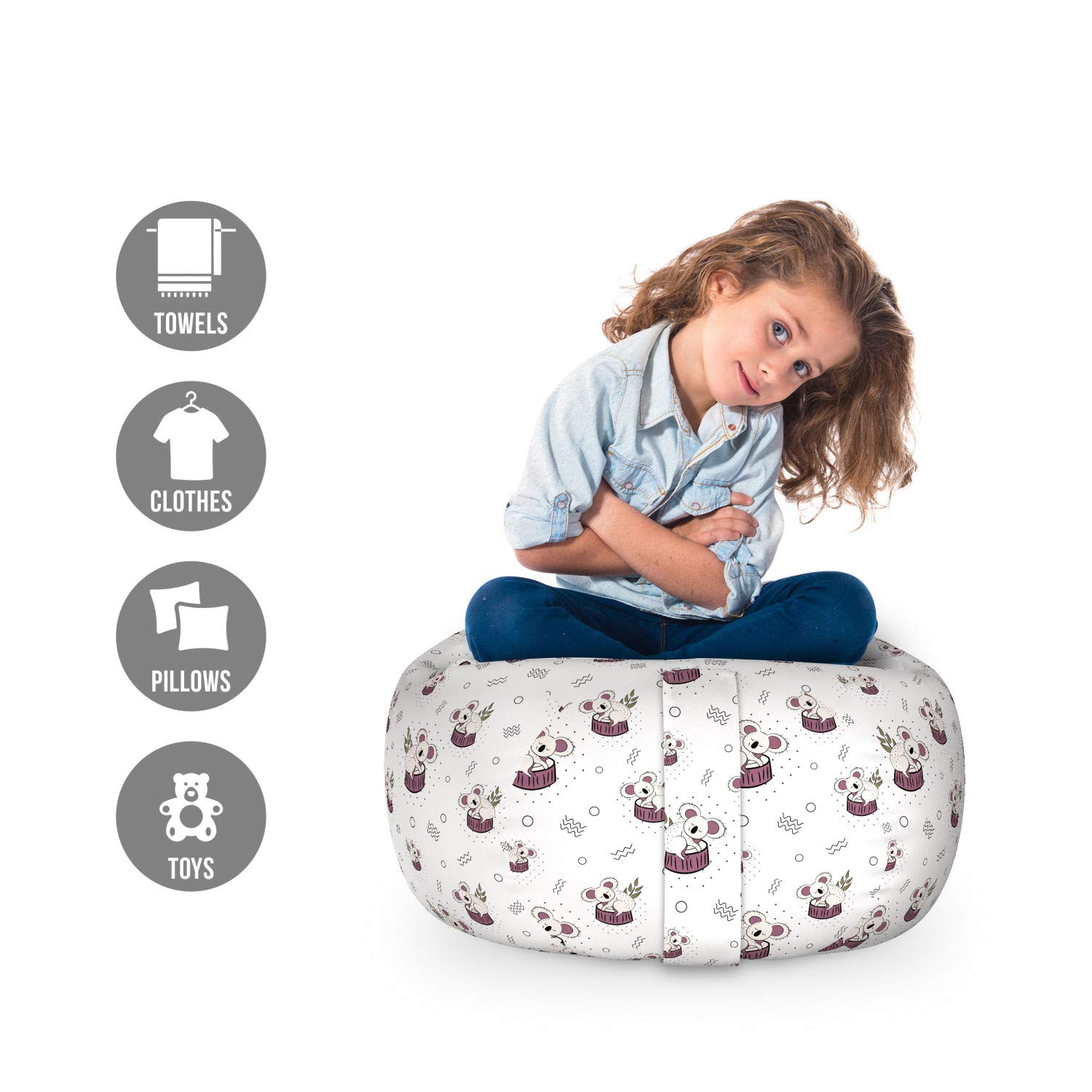 Ambesonne Animal Storage Toy Bag Chair - Bear Koalas Pattern Stuffed Animal Organizer, Washable Small Size in White Mauve Taupe | Kids Room Decor, Nursery Storage, Playroom Organization