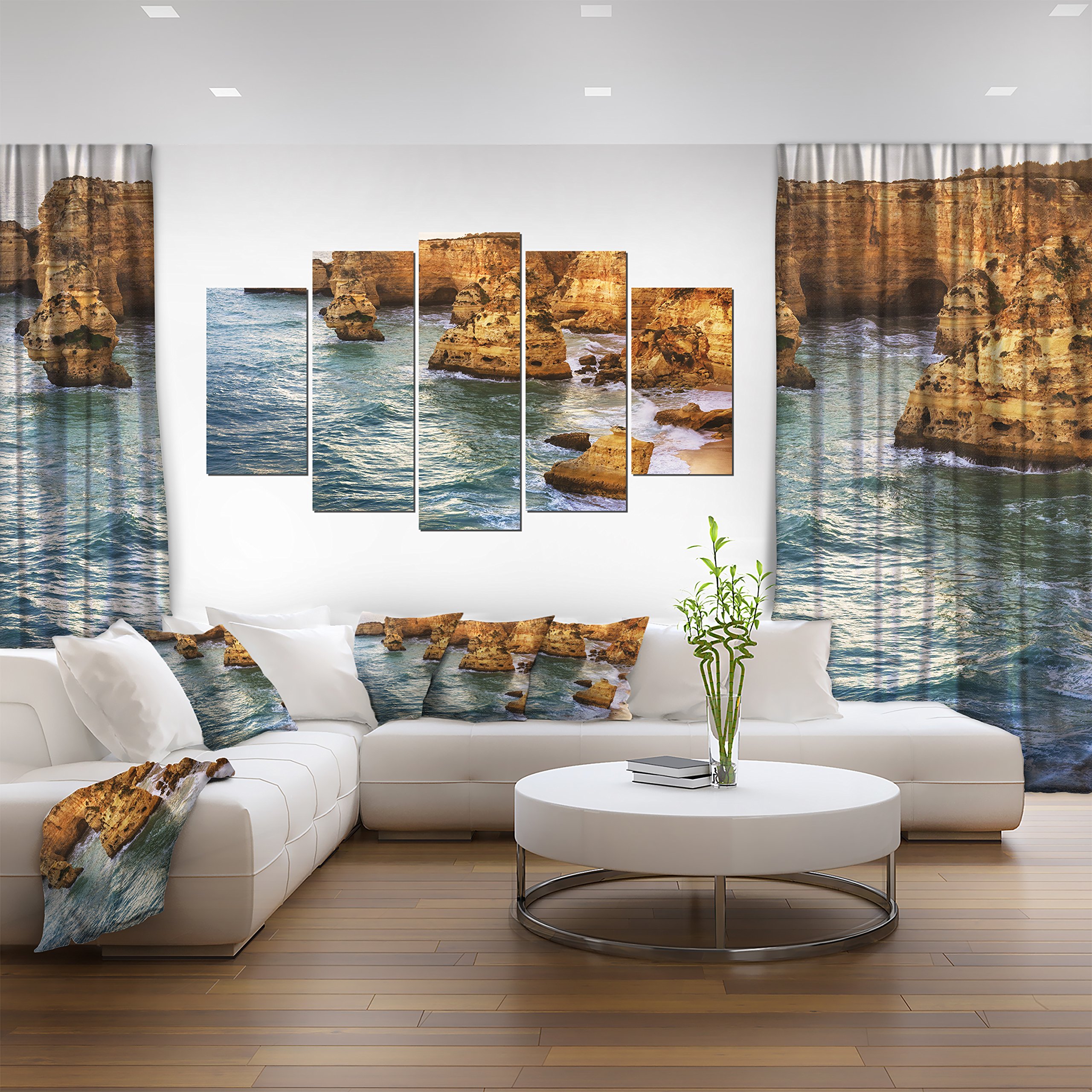 Designart Golden Rocks and Beach at Algarve - Extra Large Seashore Canvas Wall Art Print for Living Room, Bedroom & Office Decor