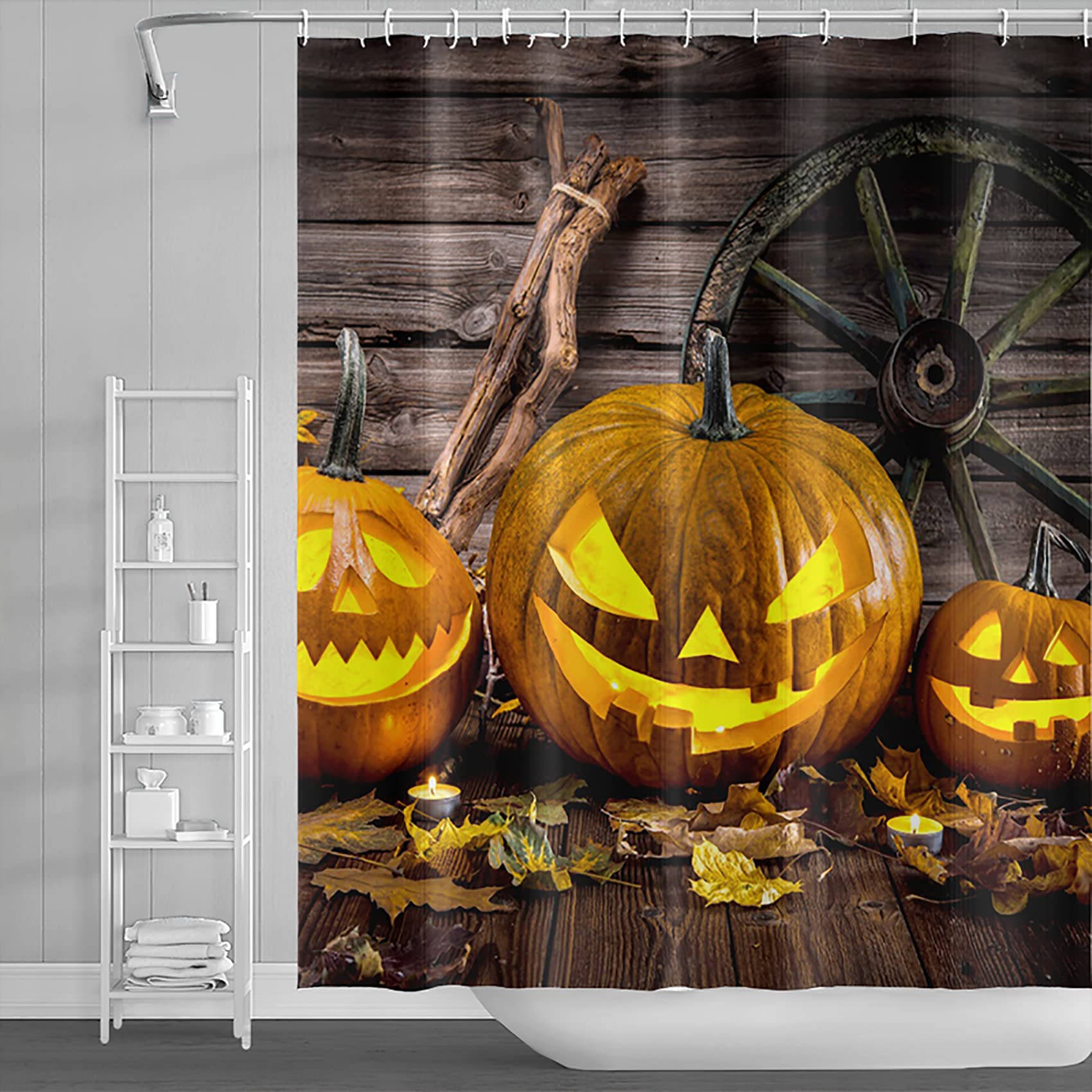 Halloween Pumpkin Lantern Shower Curtain - Scary Pumpkin Design on Old Wooden Plank Print - Waterproof Polyester Bathroom Decor (71x71 Inches) - Perfect for Spooky Halloween Bathroom Makeover & Fall Home Decor
