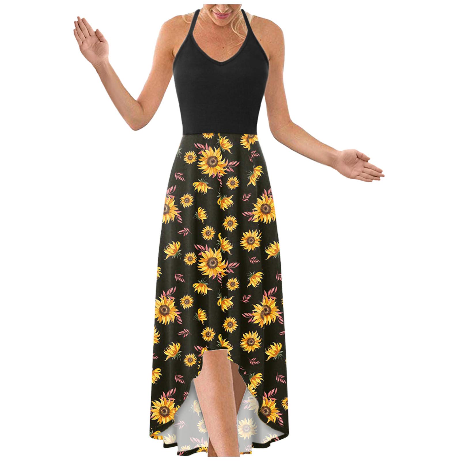 Women's Floral Maxi Dress - Sleeveless Long Beach Dress with V-Neck, Loose Casual Summer Dress for Vacation, Party & Outdoor Events